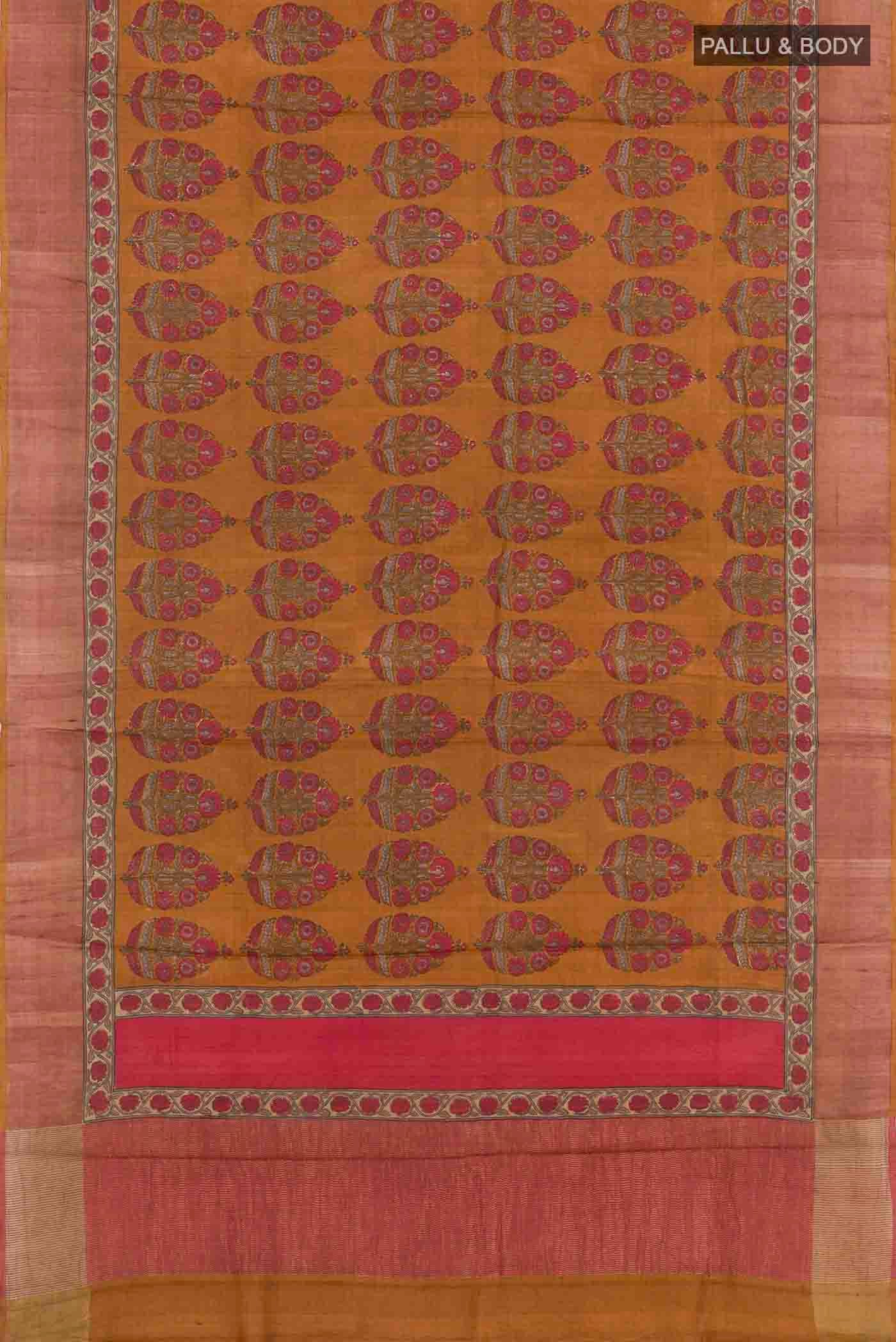 Flat view of Red Tussar Saree with Plain Body and Plain Border