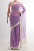 Lavender Mysore Chiffon Saree with Embroidery on the body and Zari Border.  displayed on a mannequin