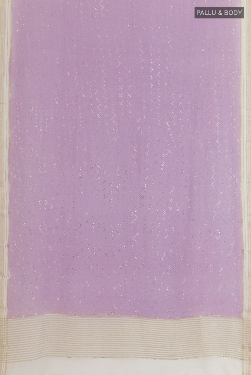 Flat view of Lavender Mysore Chiffon Saree with Embroidery on the body and Zari Border. 
