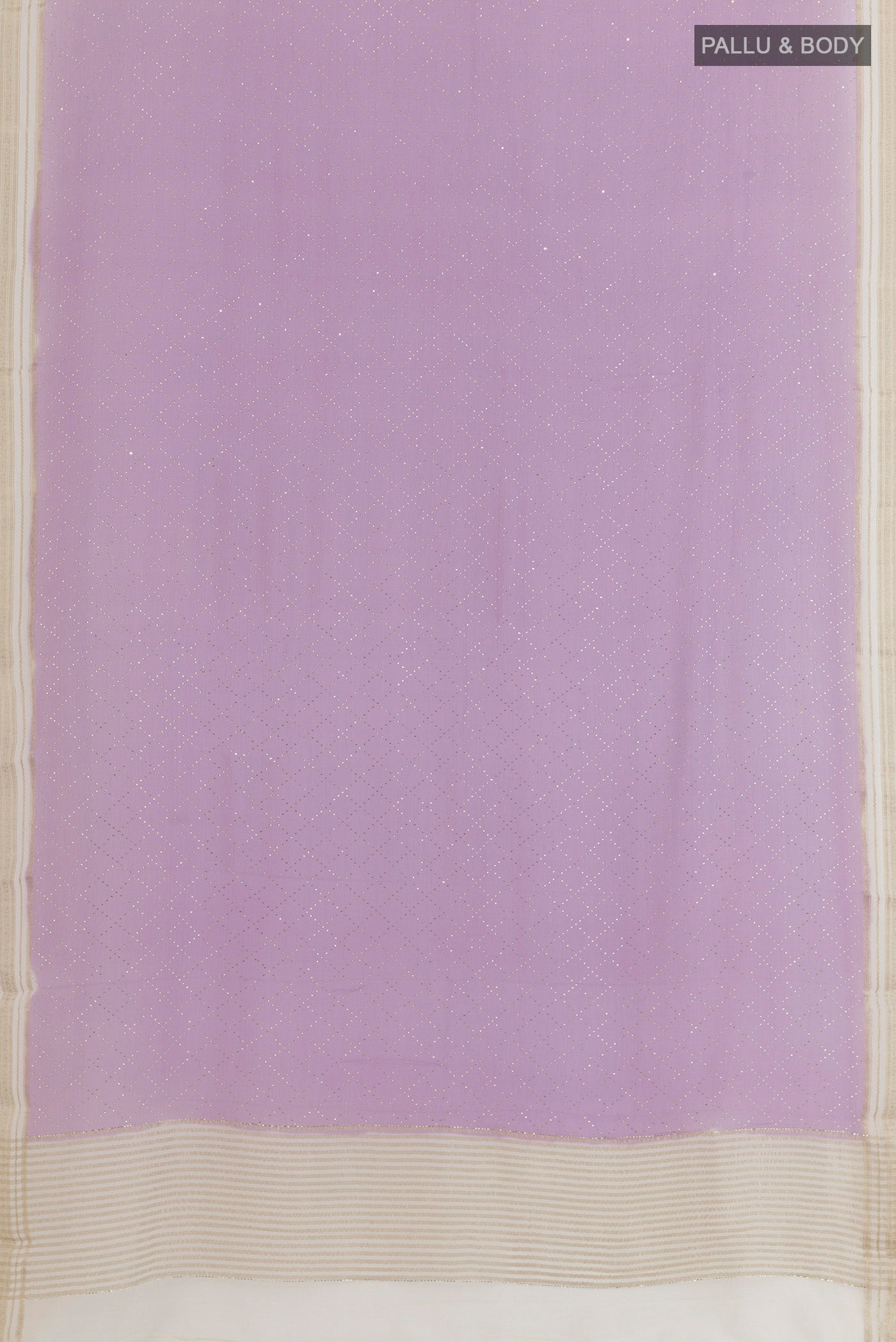 Flat view of Lavender Mysore Chiffon Saree with Embroidery on the body and Zari Border. 