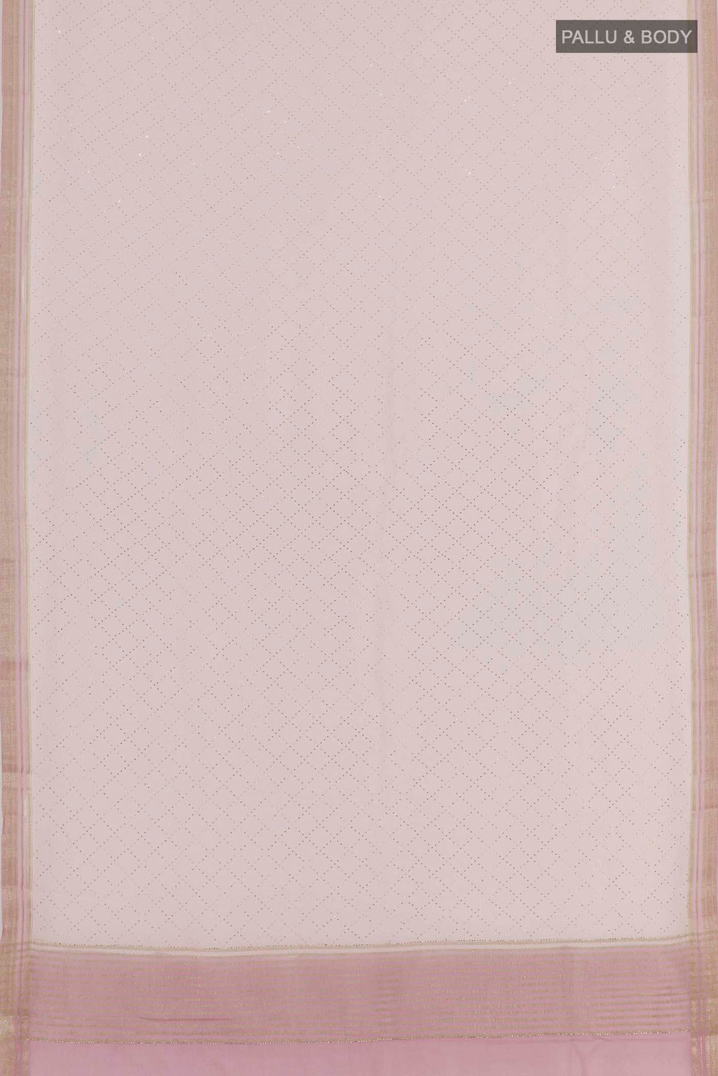 Flat view of Pink Mysore Chiffon Saree with Embroidery on the body and Zari Border. 