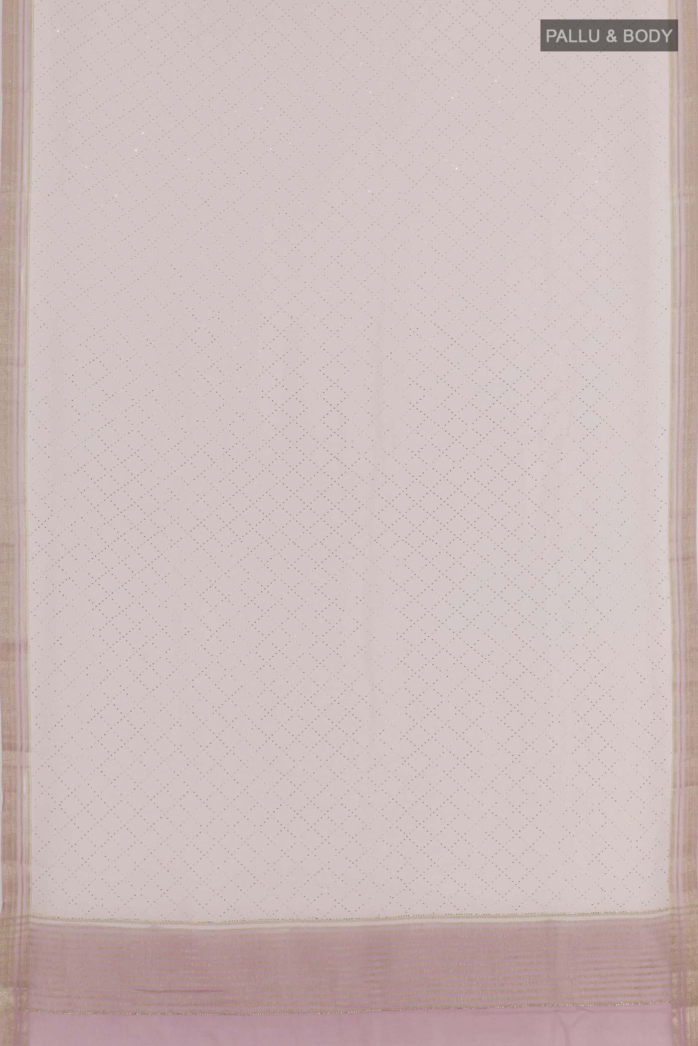 Flat view of Pink Mysore Chiffon Saree with Embroidery on the body and Zari Border. 