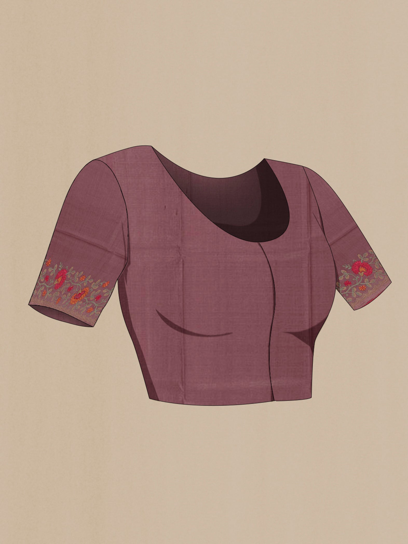 Close up image of the blouse of Light Magenta Tussar Saree with Thread Butta on the body and Embroidery Border. 