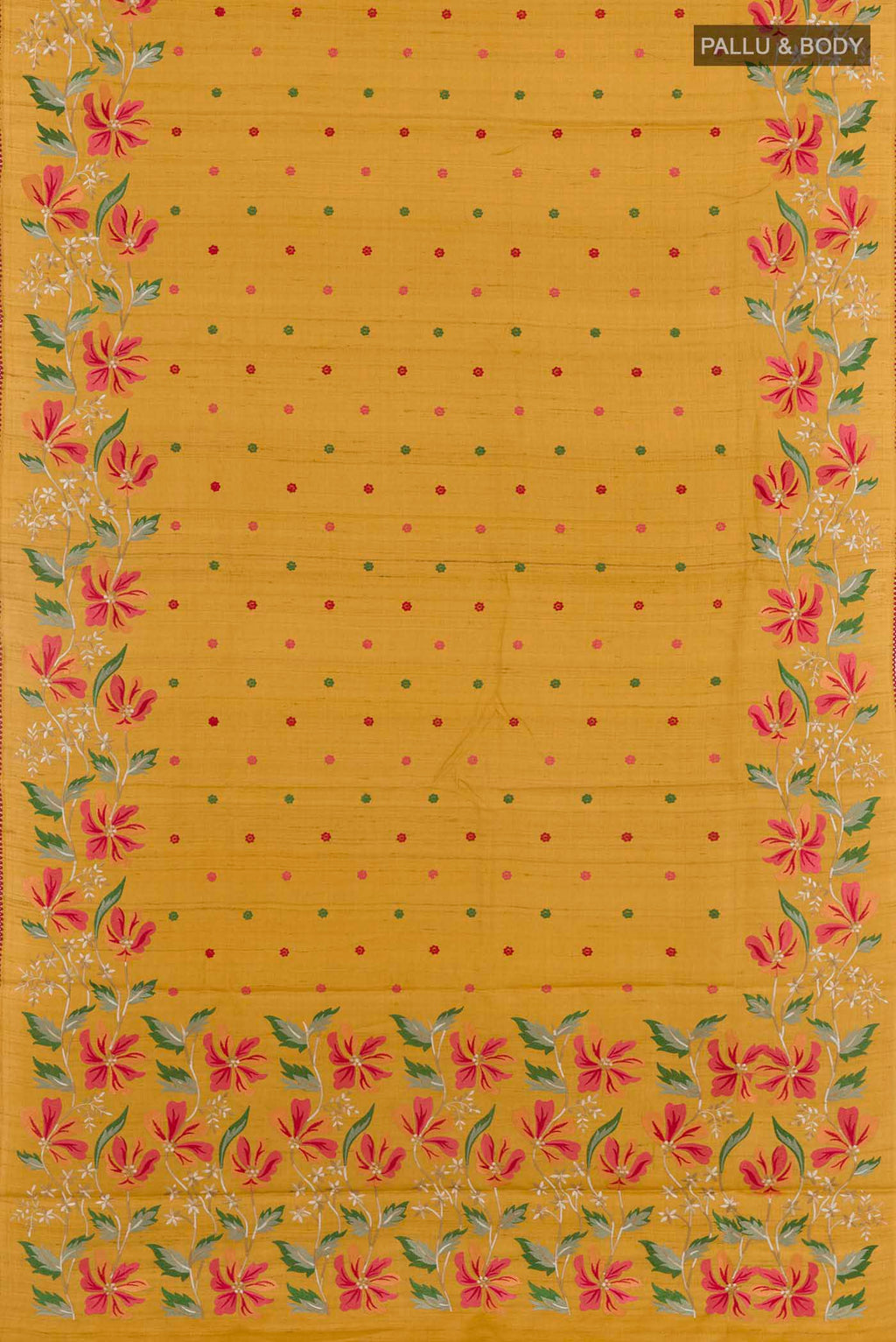 Flat view of Mustard Tussar Saree with Thread Butta on the body and Embroidery Border. 