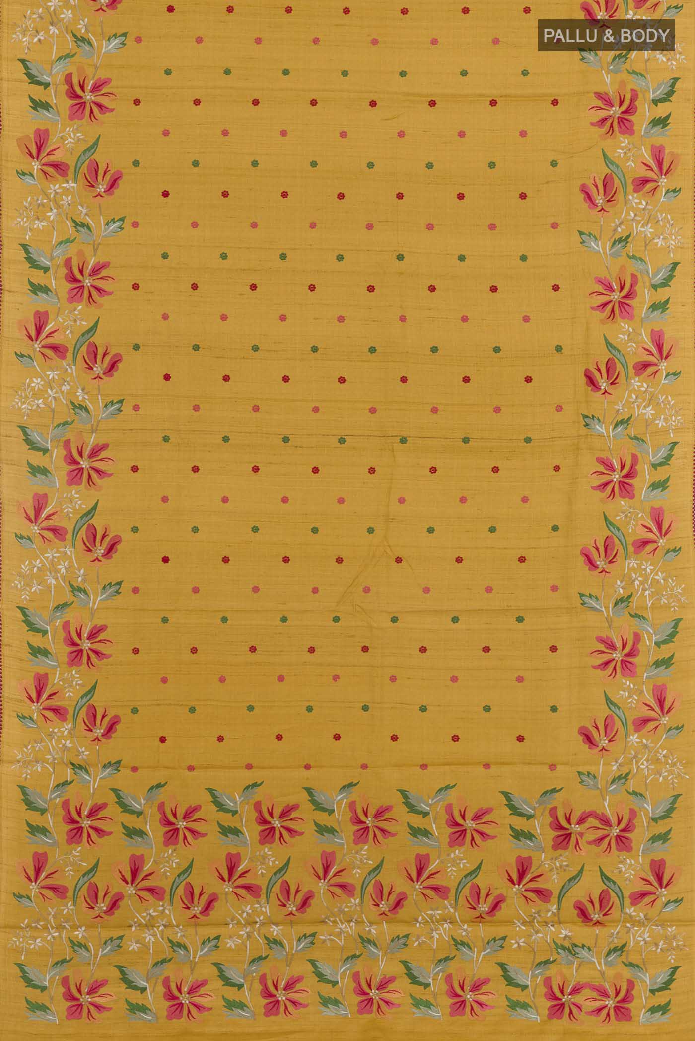 Flat view of Mustard Tussar Saree with Thread Butta on the body and Embroidery Border. 