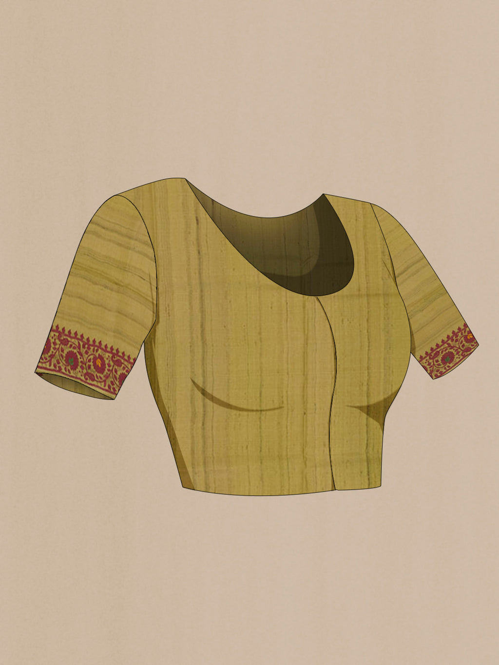 Close up image of the blouse of Mehandi Green Tussar Saree with Thread Butta on the body and Embroidery Border. 