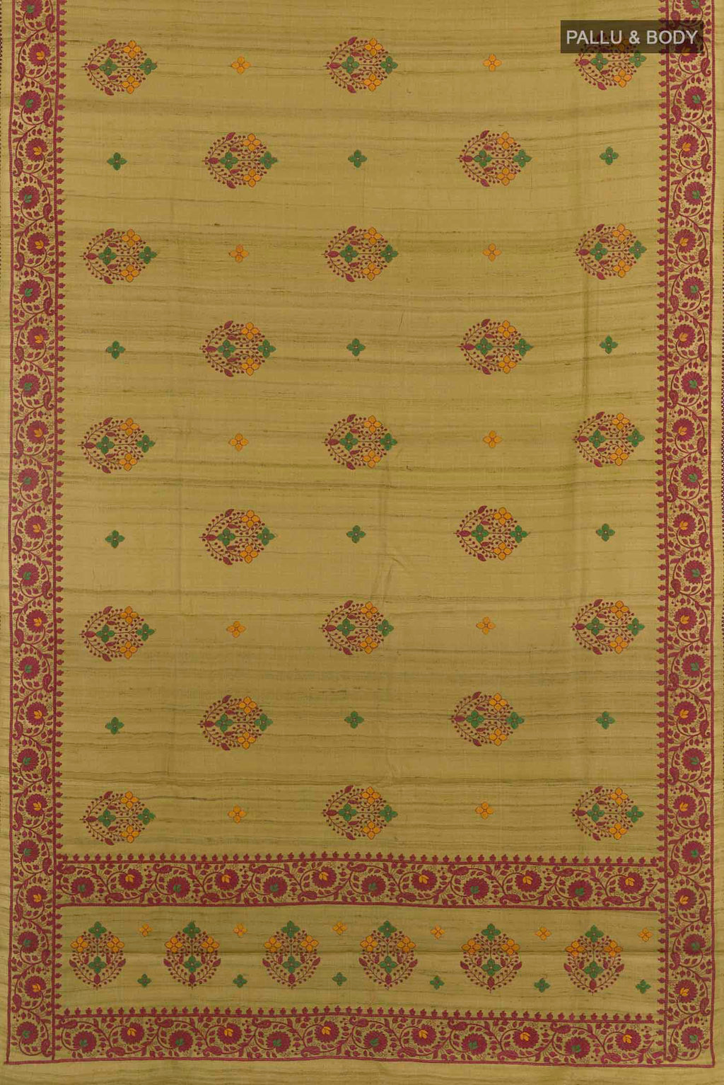 Flat view of Mehandi Green Tussar Saree with Thread Butta on the body and Embroidery Border. 