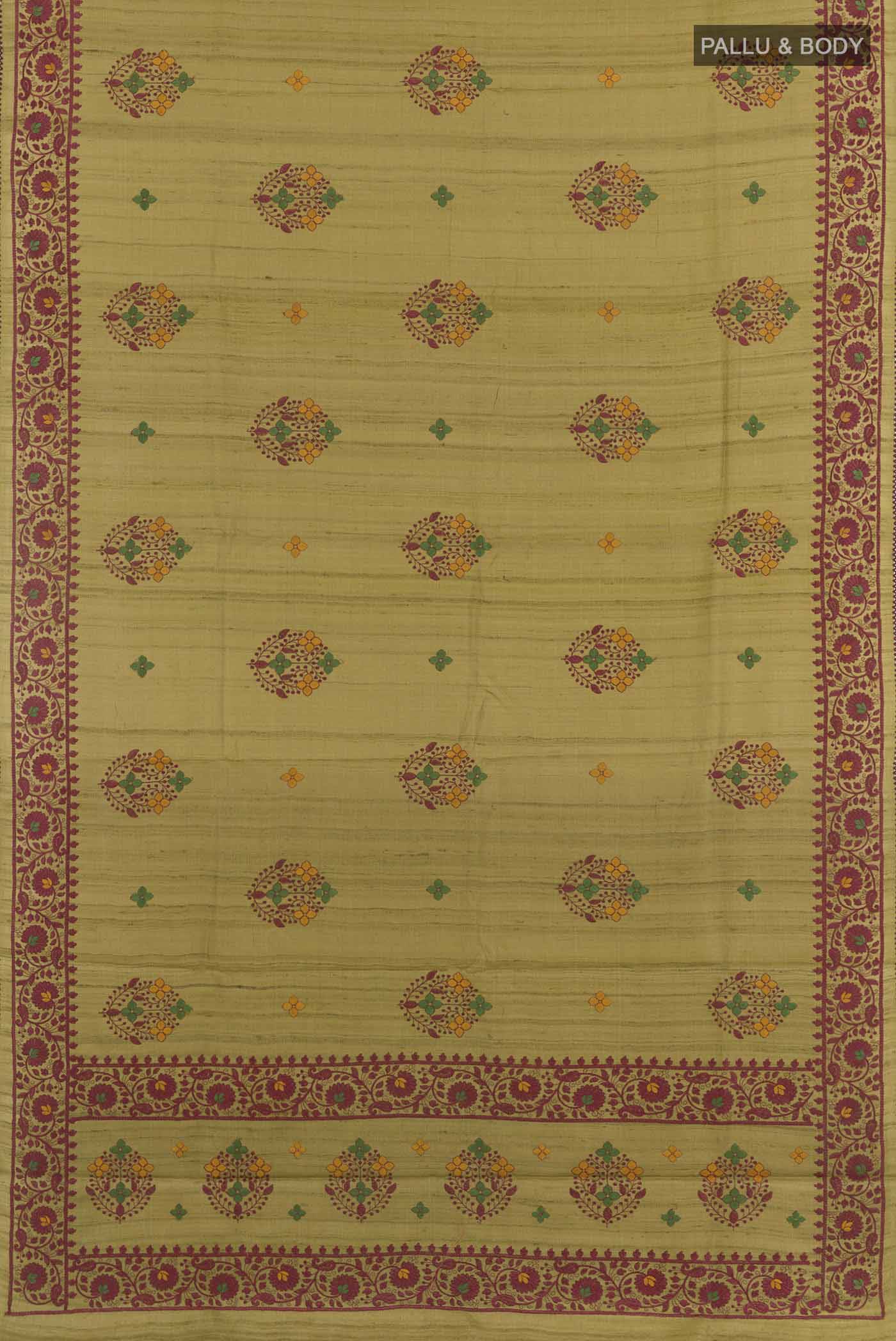 Flat view of Mehandi Green Tussar Saree with Thread Butta on the body and Embroidery Border. 