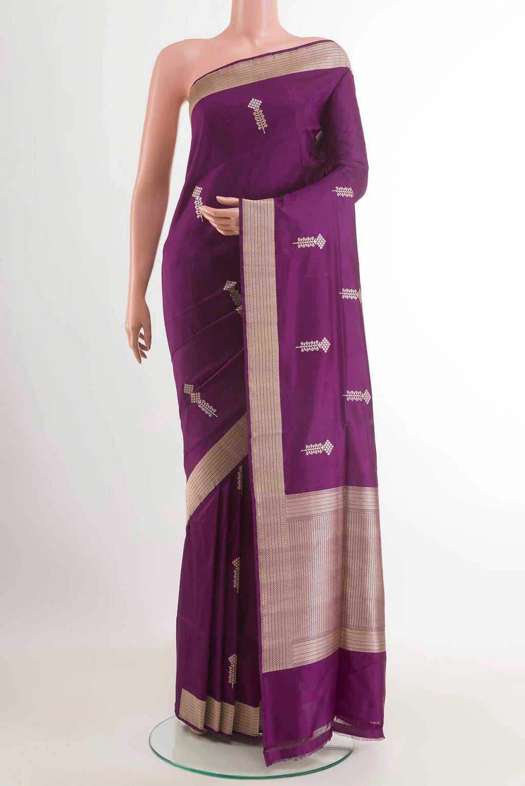 Purple Banarasi Silk Saree with Zari Butta on the body and Zari Border displayed on a mannequin