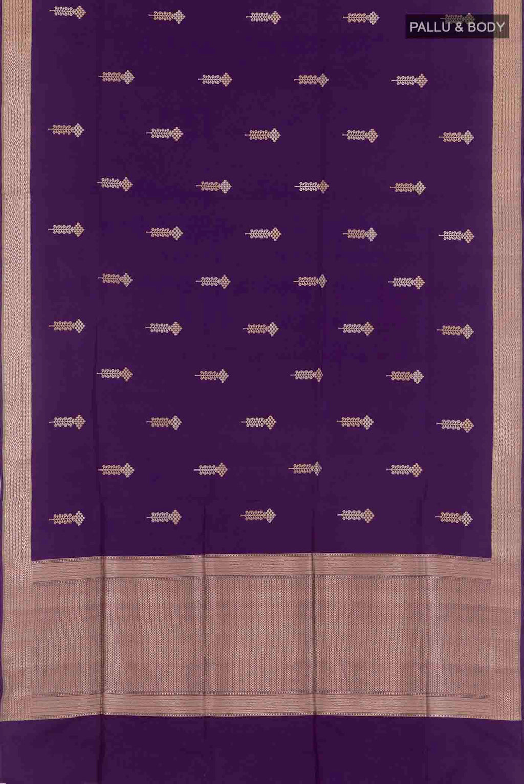 Flat view of Purple Banarasi Silk Saree with Zari Butta on the body and Zari Border