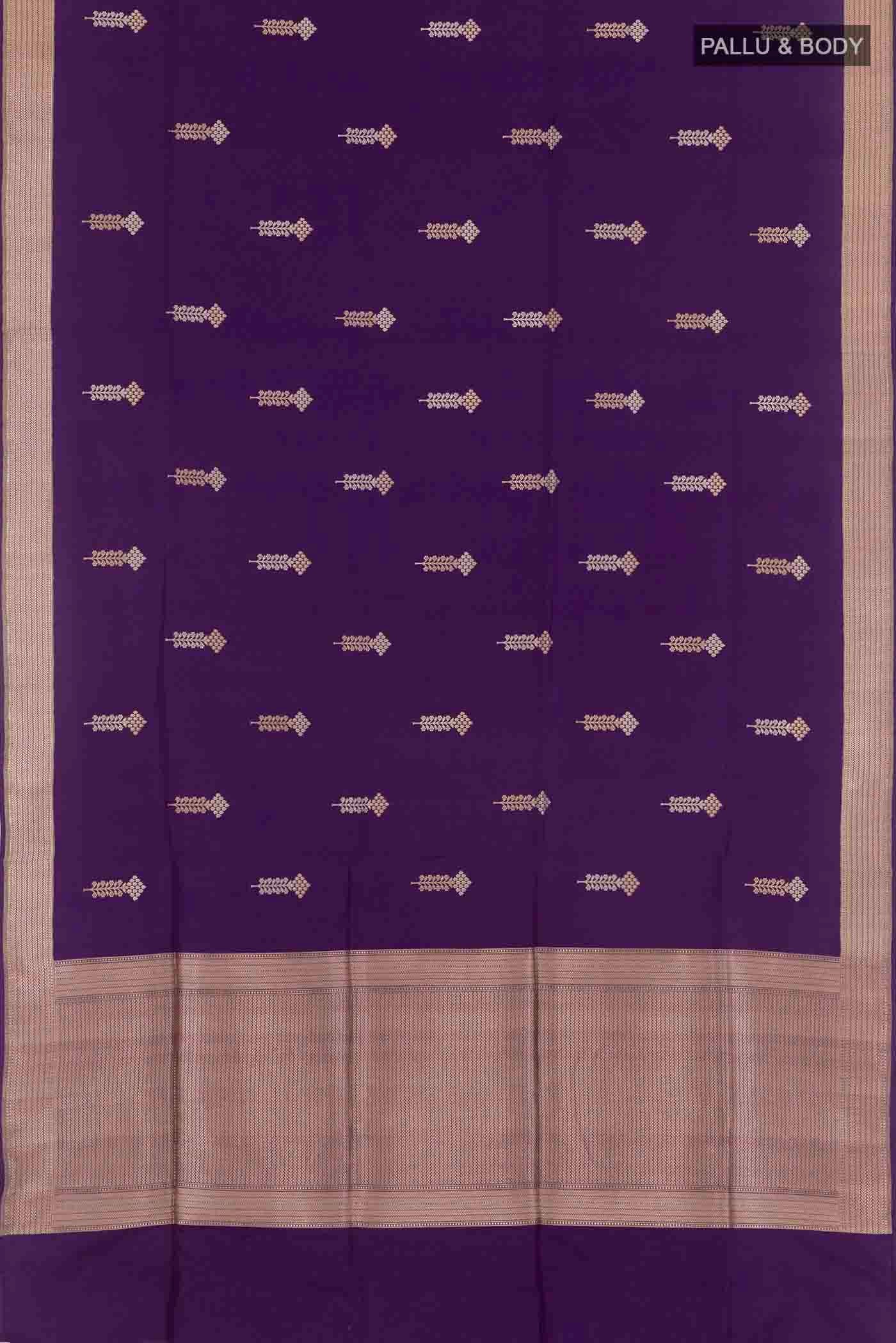 Flat view of Purple Banarasi Silk Saree with Zari Butta on the body and Zari Border