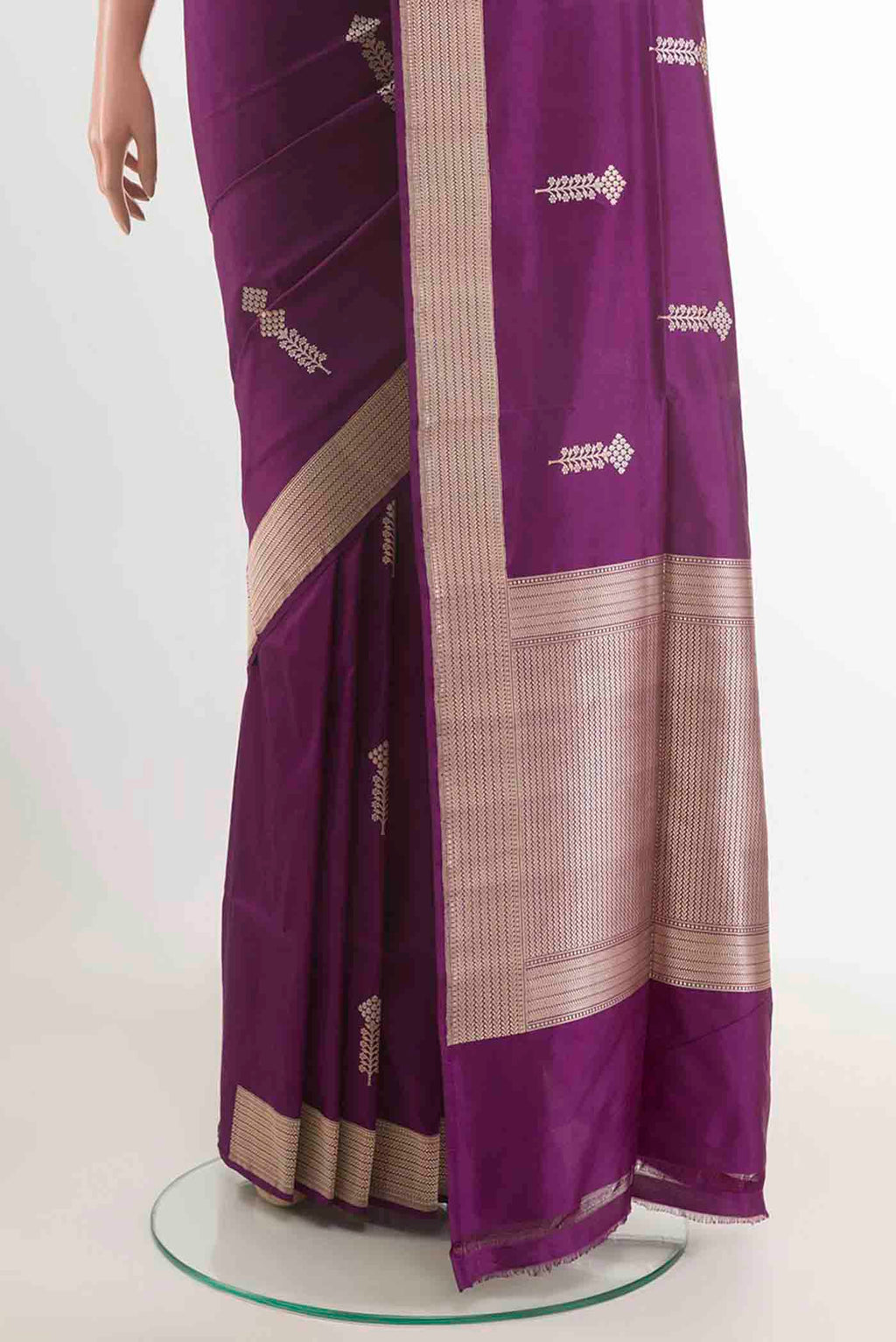 Pleats and pallu of Purple Banarasi Silk Saree with Zari Butta on the body and Zari Border