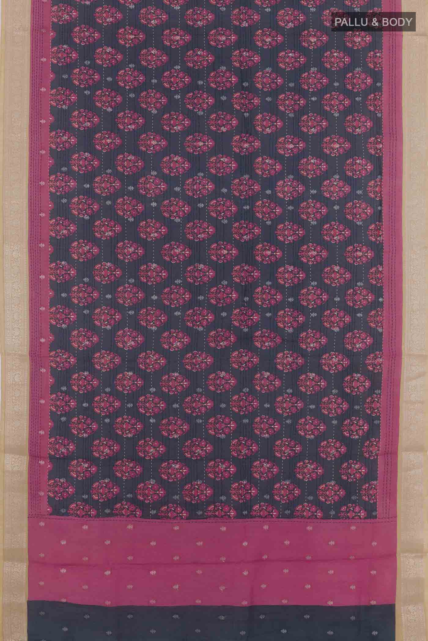 Flat view of Blue Tussar Saree with Printed design on the body and Zari Border. 