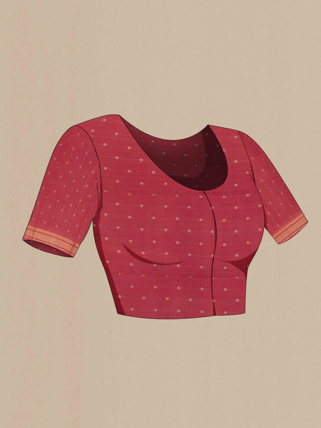 Close up image of the blouse of Pink Tussar Saree with Printed design on the body and Zari Border. 