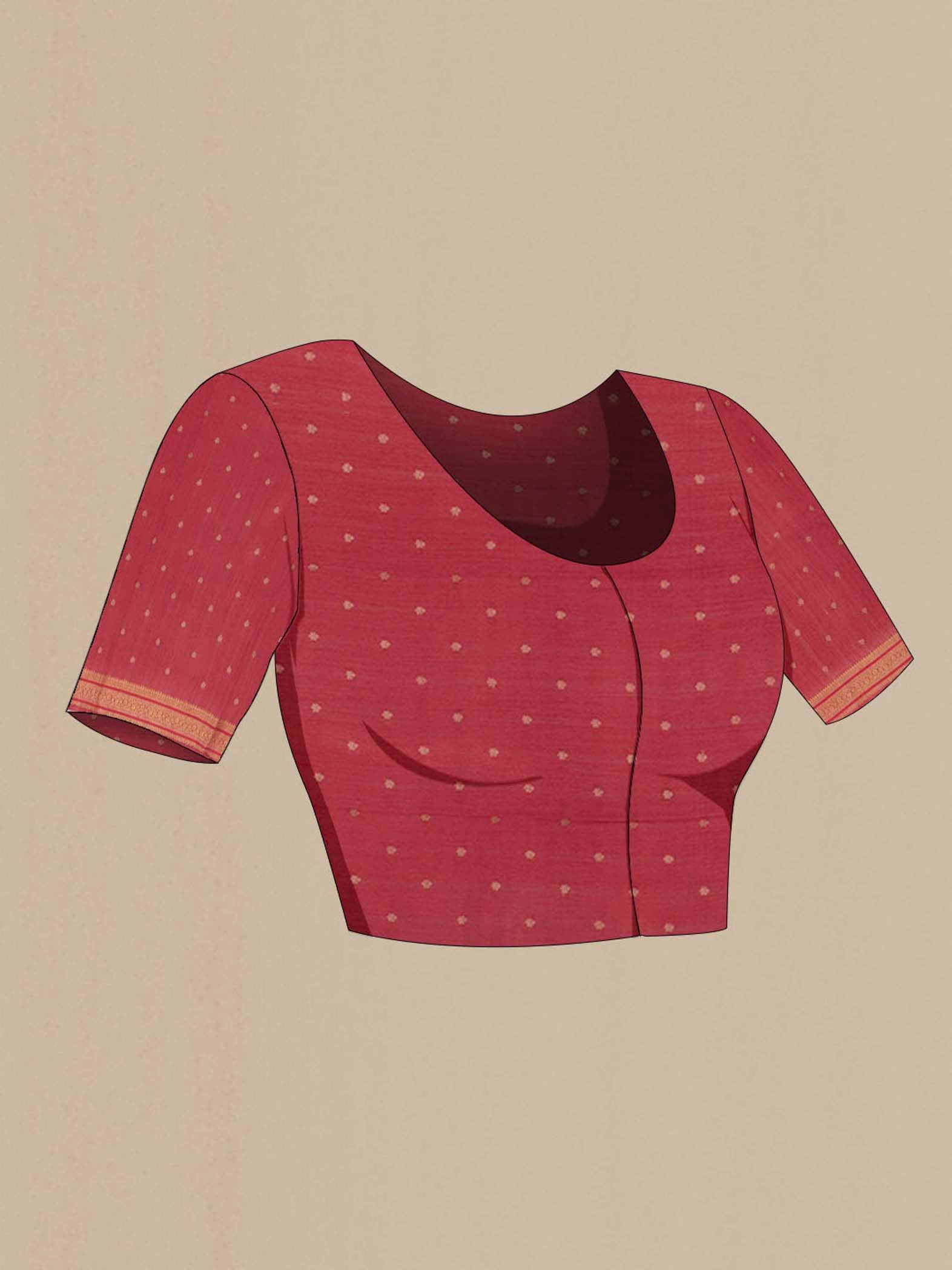 Close up image of the blouse of Pink Tussar Saree with Printed design on the body and Zari Border. 