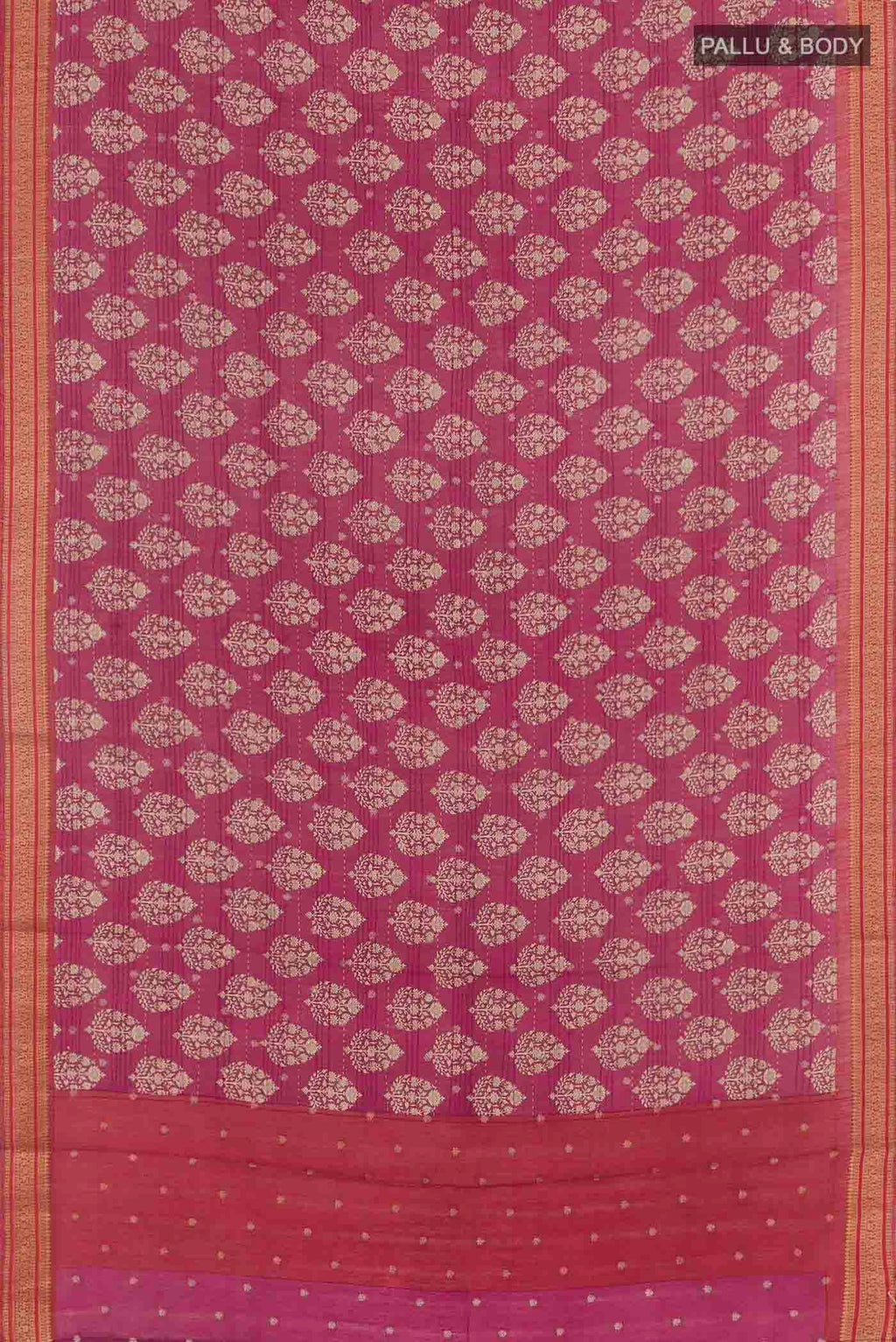 Flat view of Pink Tussar Saree with Printed design on the body and Zari Border. 