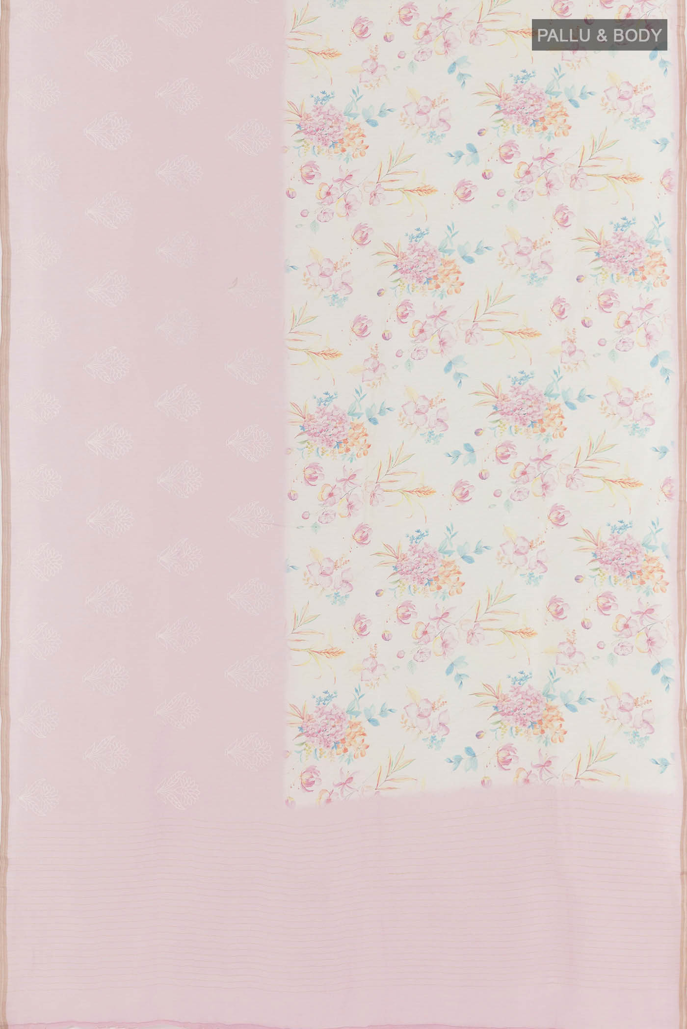 Flat view of White Linen Saree with Printed design on the body and Zari Border. 