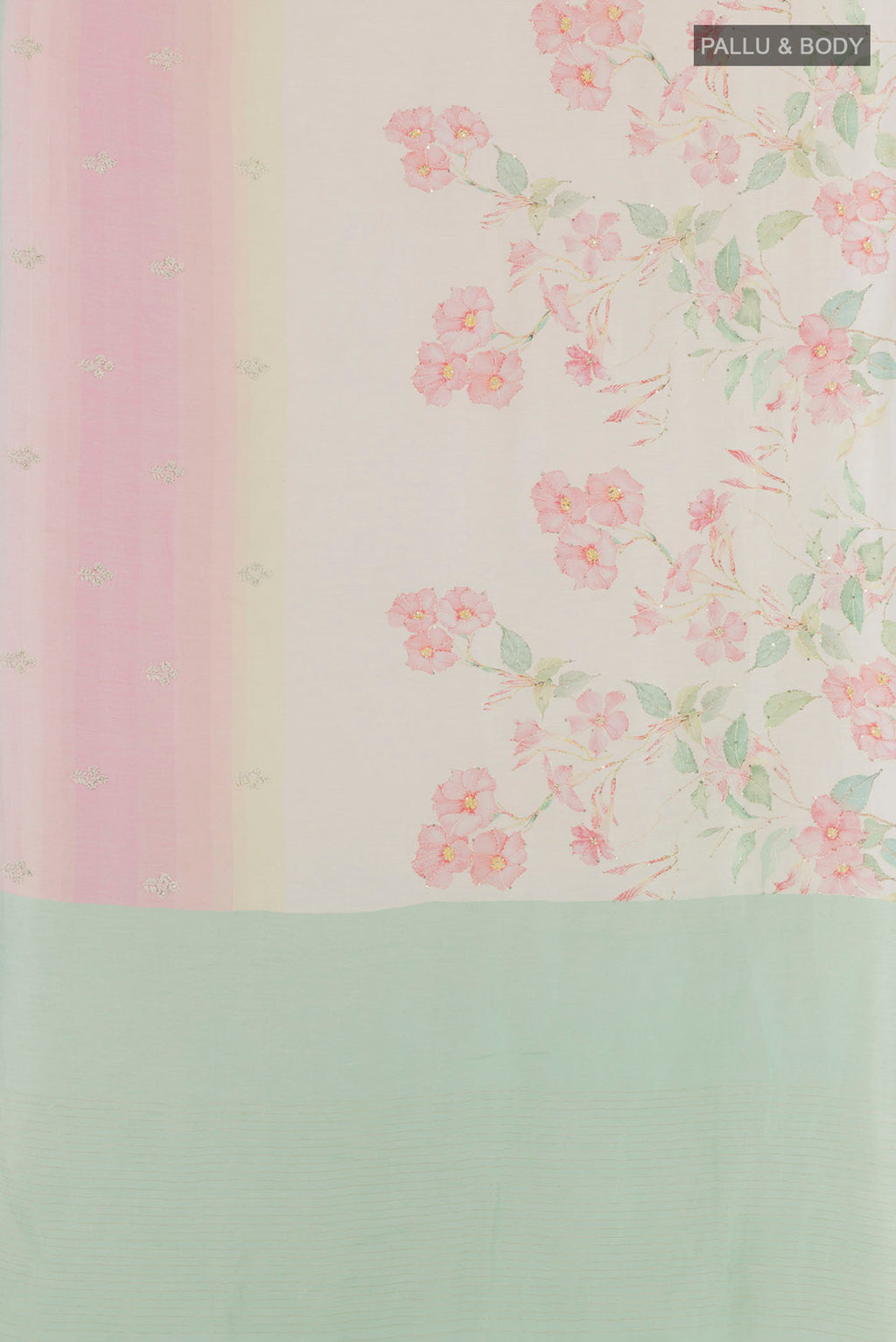 Flat view of Off White Linen Saree with Printed design on the body and Zari Border. 