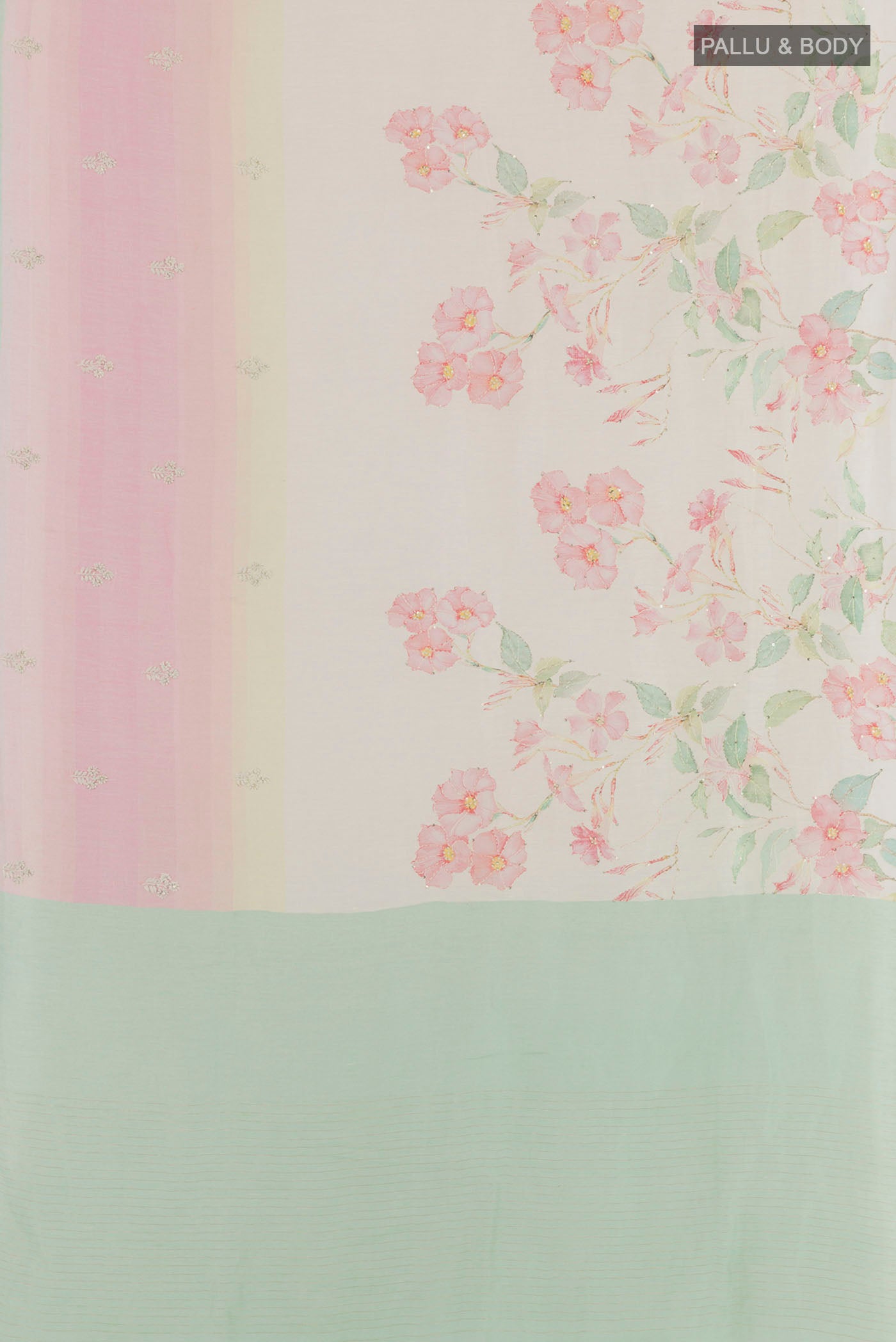 Flat view of Off White Linen Saree with Printed design on the body and Zari Border. 