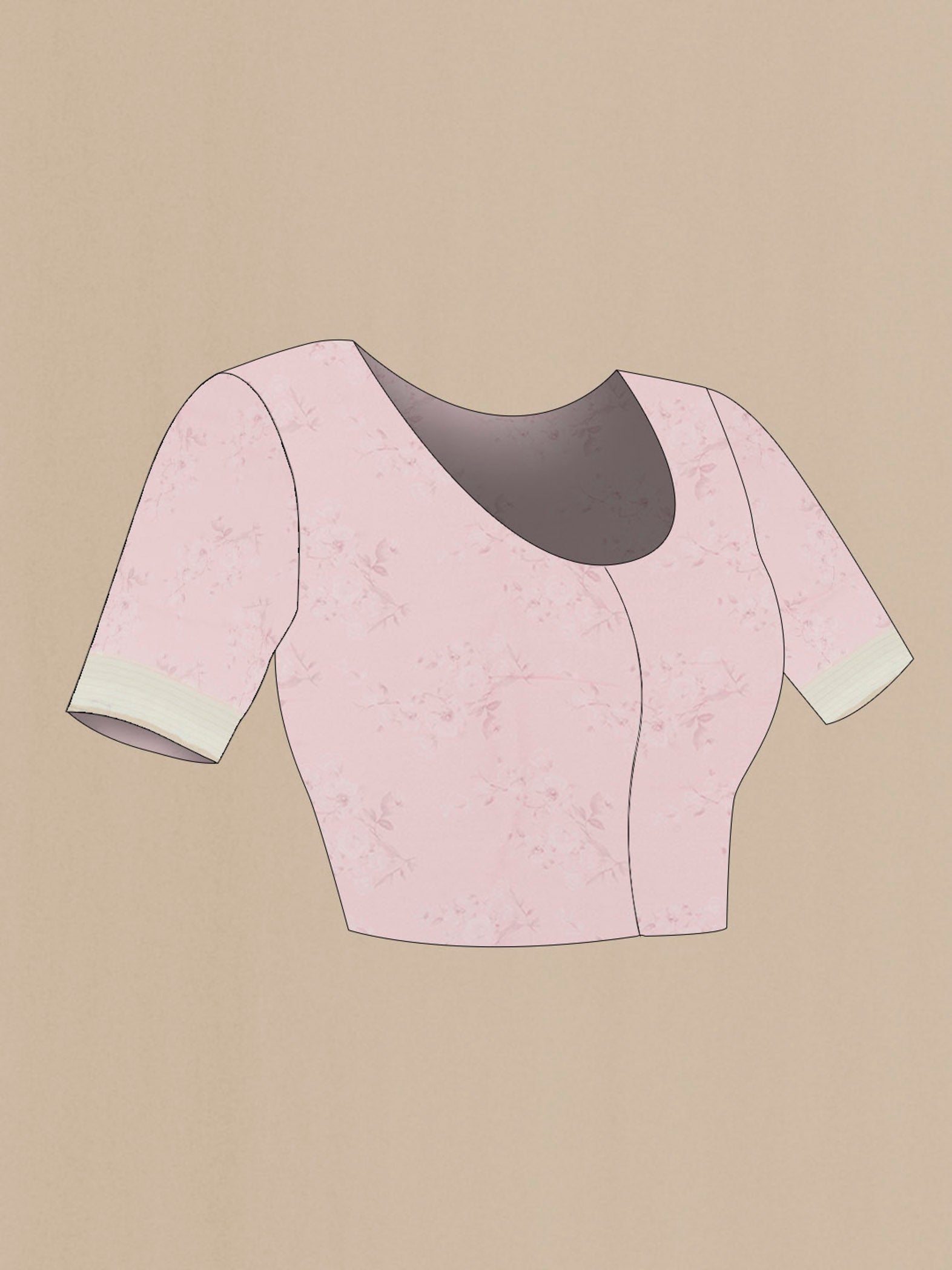 Close up image of the blouse of Green Linen Saree with Printed design on the body and Zari Border. 