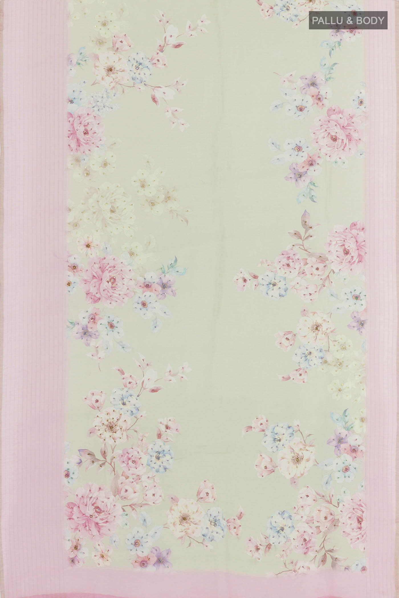 Flat view of Green Linen Saree with Printed design on the body and Zari Border. 