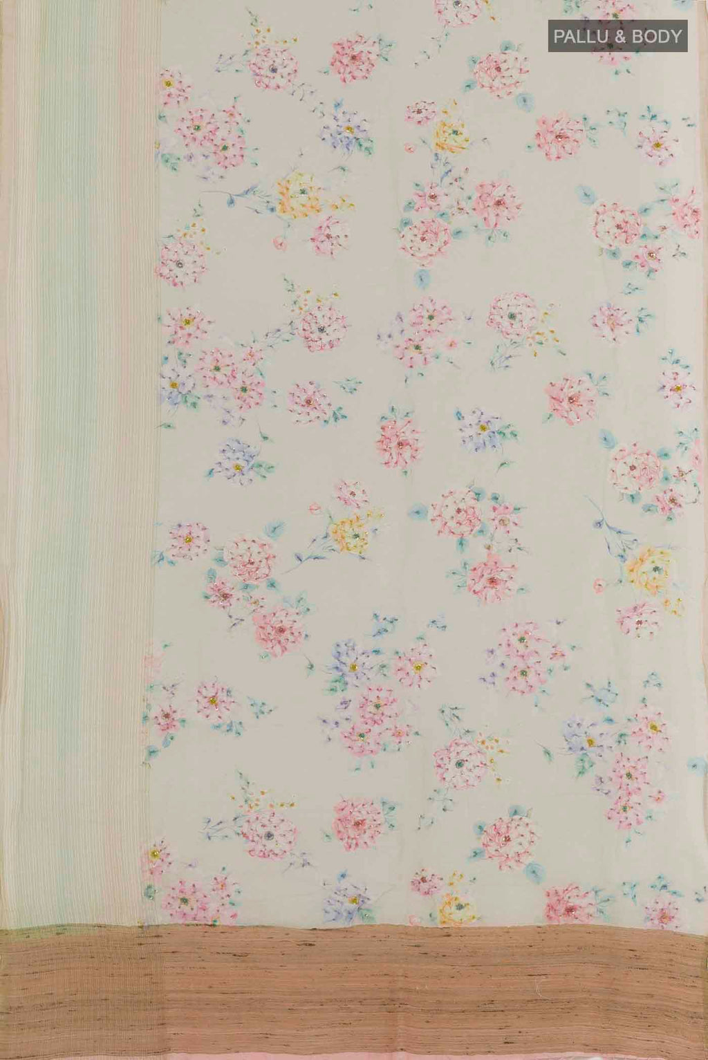Flat view of Blue Linen Saree with Printed design on the body and Zari Border. 