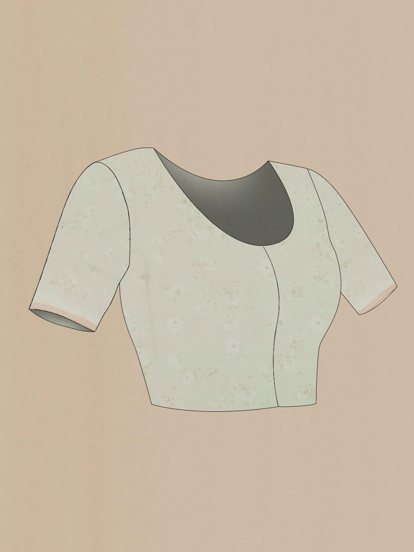 Close up image of the blouse of Peach Linen Saree with Printed design on the body and Zari Border. 