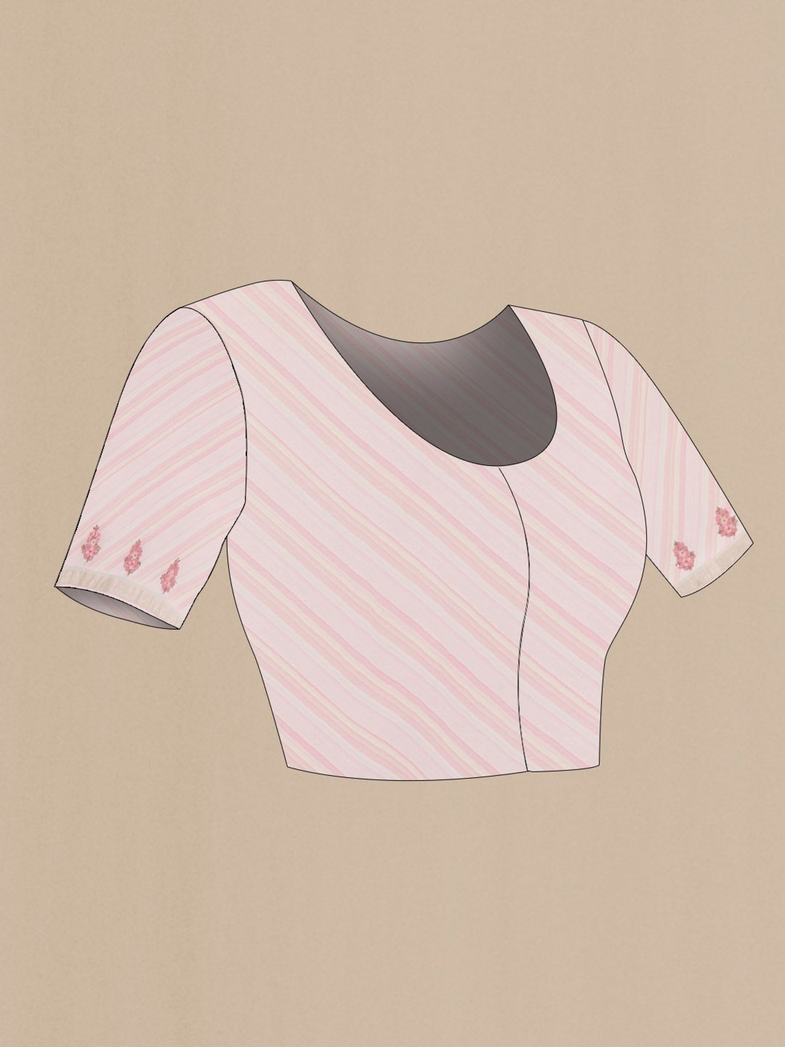 Close up image of the blouse of White Linen Saree with Embroidery on the body and Zari Border. 