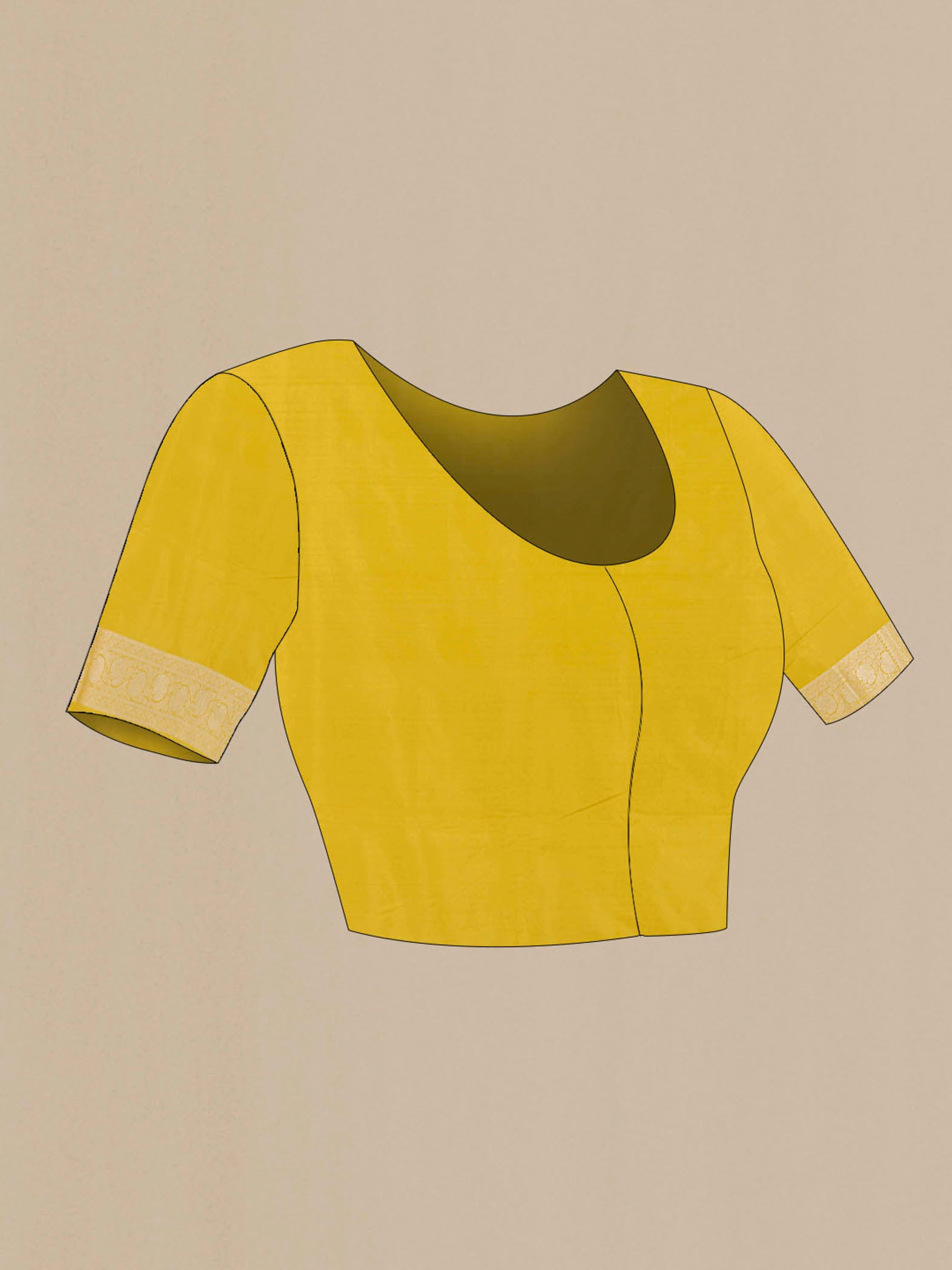 Close up image of the blouse of Yellow Banarasi Silk Saree with Zari Brocade on the body and Zari Border. 