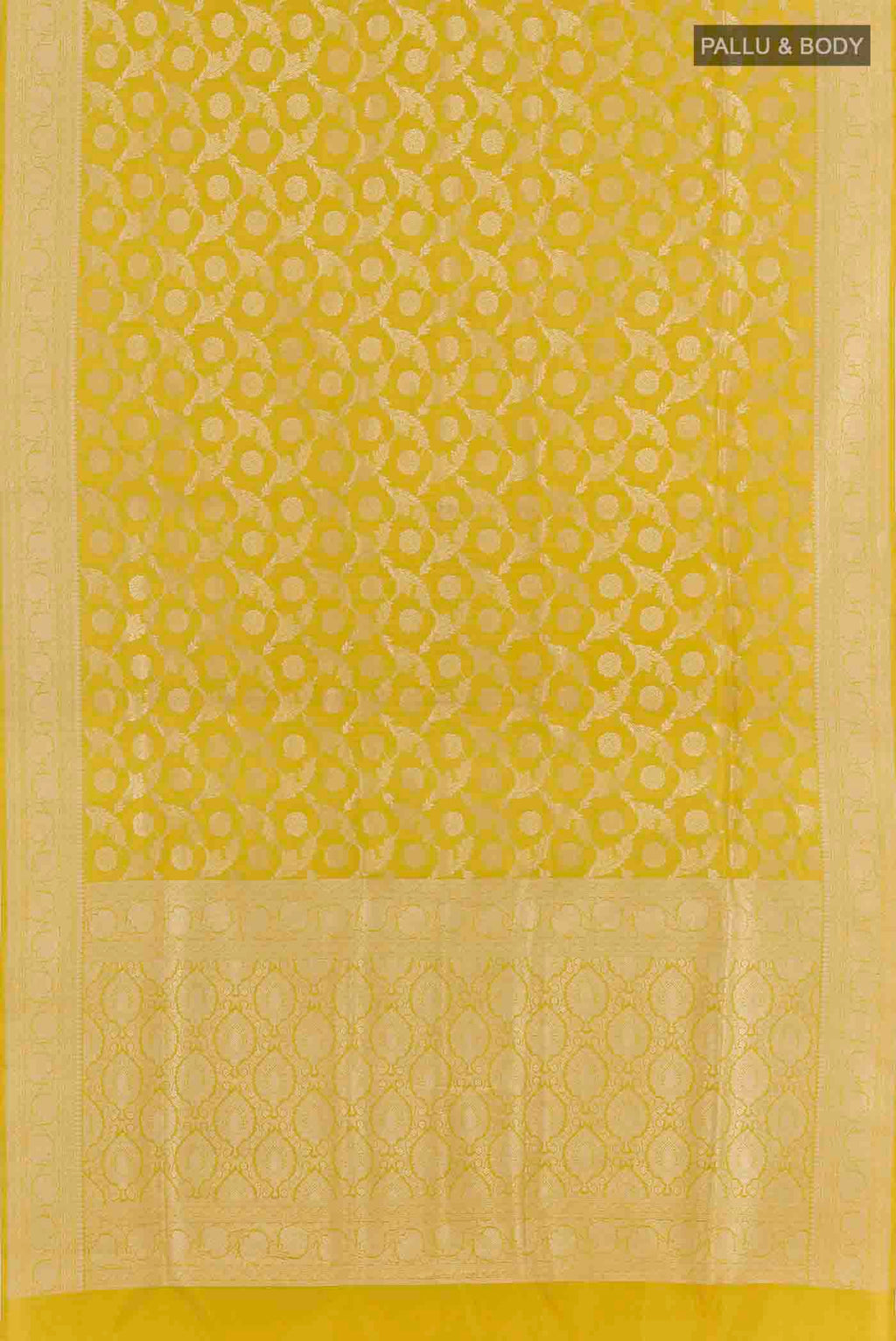 Flat view of Yellow Banarasi Silk Saree with Zari Brocade on the body and Zari Border. 