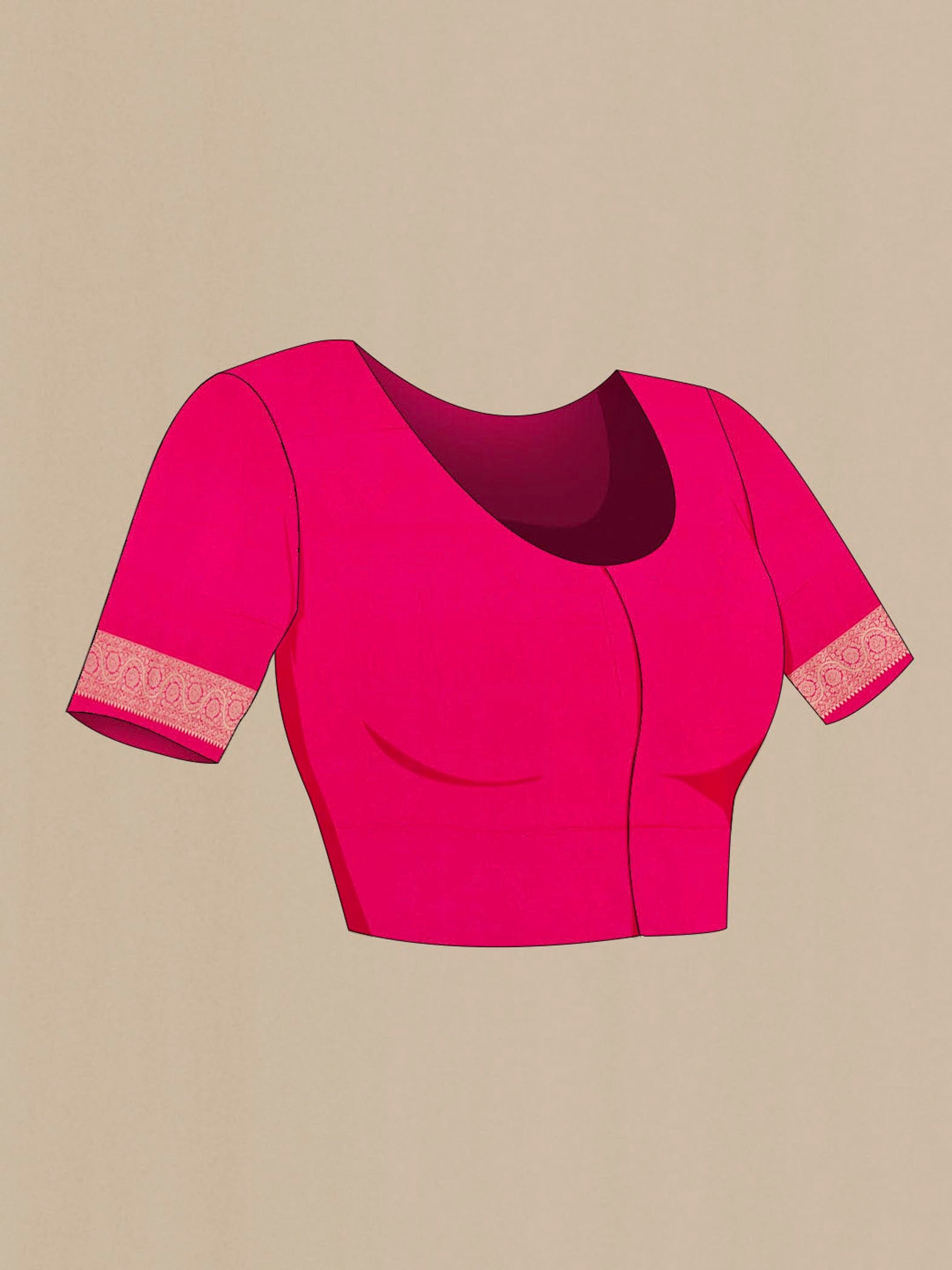 Close up image of the blouse of Pink Banarasi Silk Saree with Zari Brocade on the body and Zari Border. 