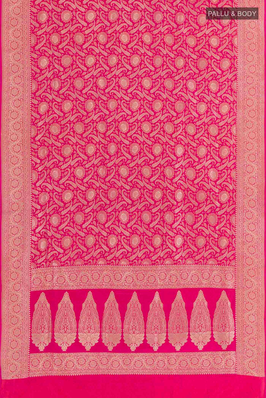 Flat view of Pink Banarasi Silk Saree with Zari Brocade on the body and Zari Border. 