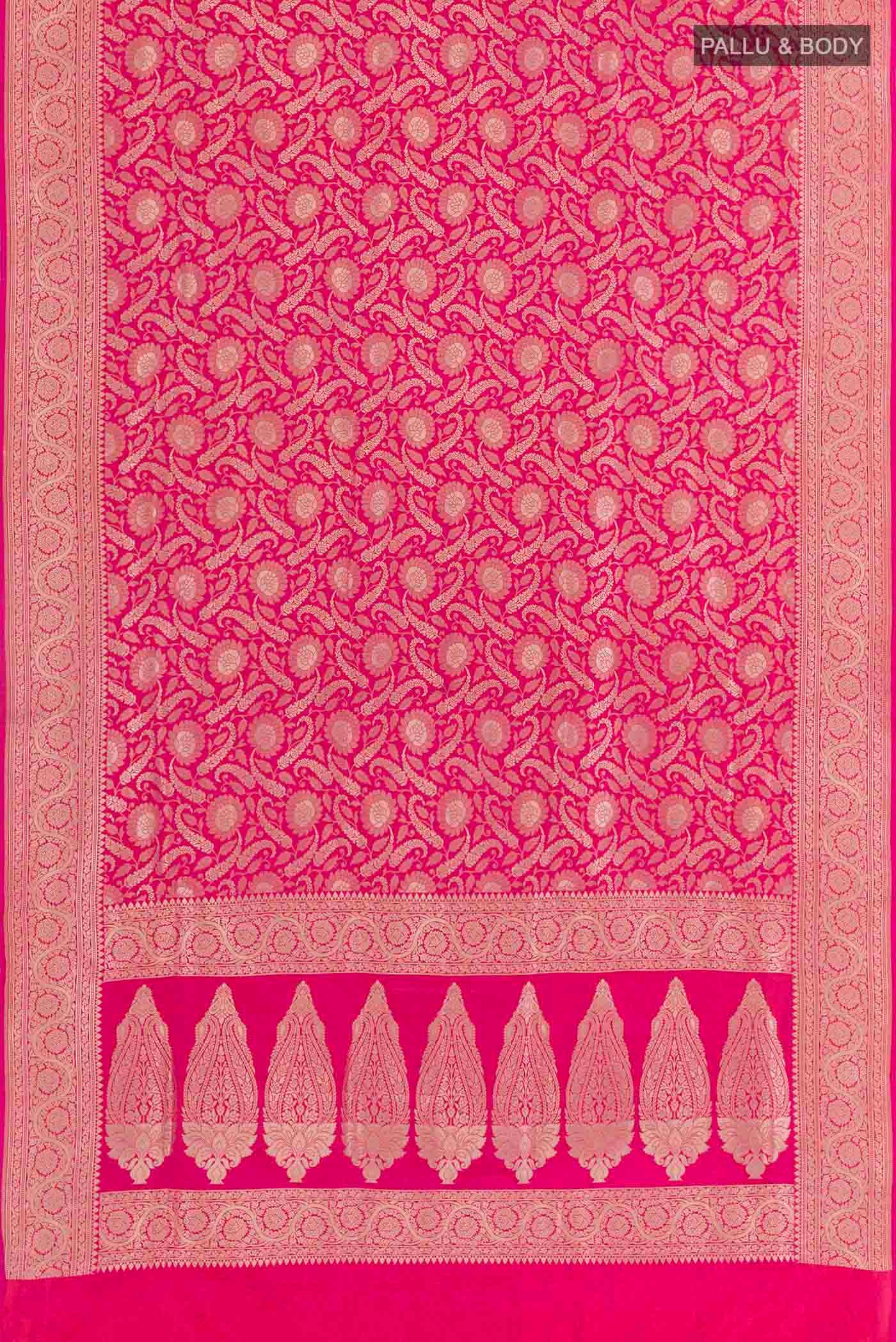 Flat view of Pink Banarasi Silk Saree with Zari Brocade on the body and Zari Border. 