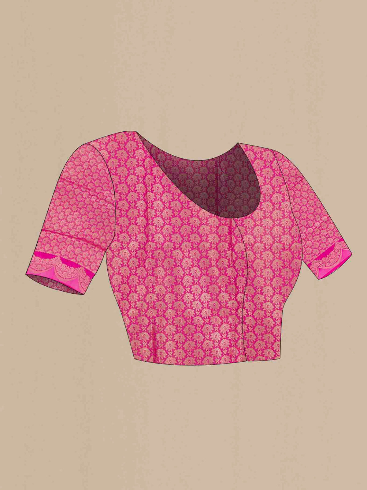 Close up image of the blouse of Pink Banarasi Silk Saree with Zari Butta on the body and Zari Border. 