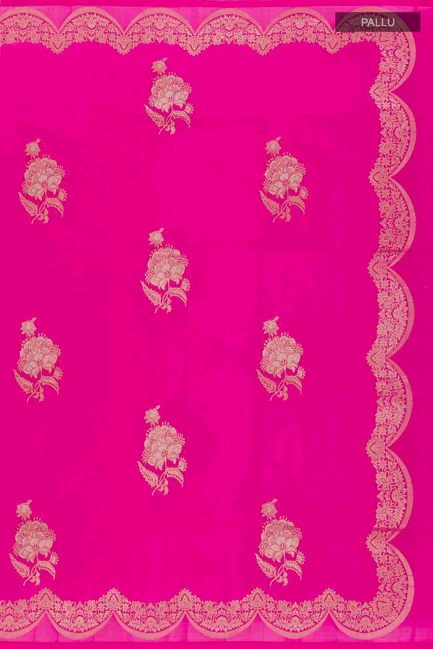 Close up image of the pallu of Pink Banarasi Silk Saree with Zari Butta on the body and Zari Border. 