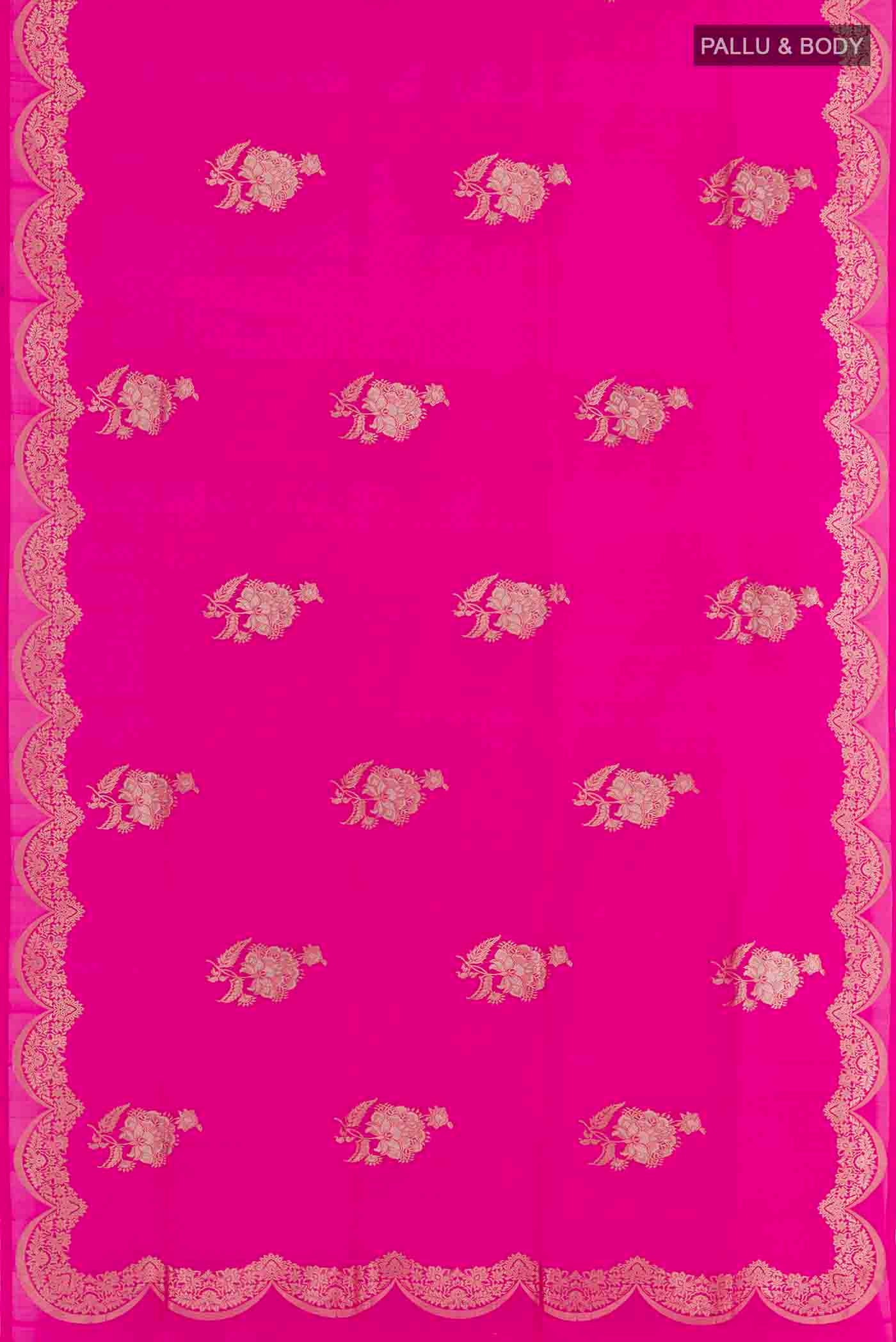 Flat view of Pink Banarasi Silk Saree with Zari Butta on the body and Zari Border. 