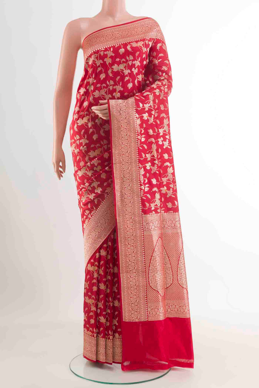 Red Banarasi Silk Saree with Zari Brocade on the body and Zari Border.  displayed on a mannequin