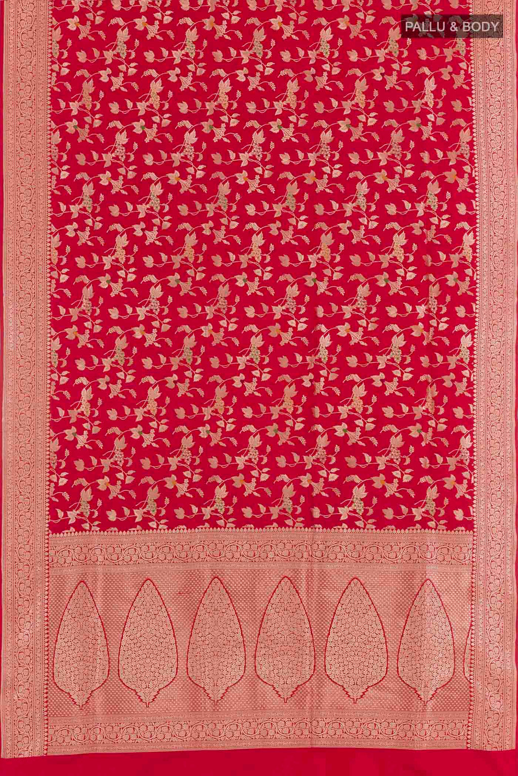 Flat view of Red Banarasi Silk Saree with Zari Brocade on the body and Zari Border. 
