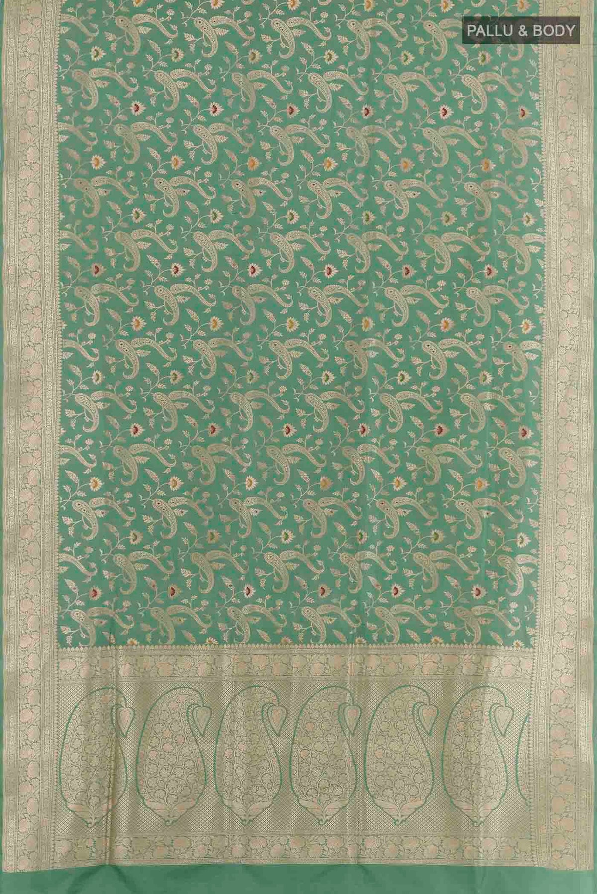 Flat view of Sage Green Banarasi Silk Saree with Zari Brocade on the body and Zari Border. 