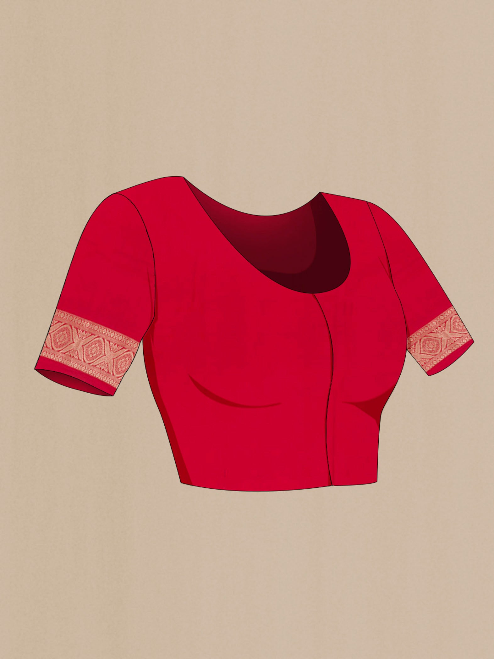 Close up image of the blouse of Red Banarasi Silk Saree with Zari Butta on the body and Zari Border