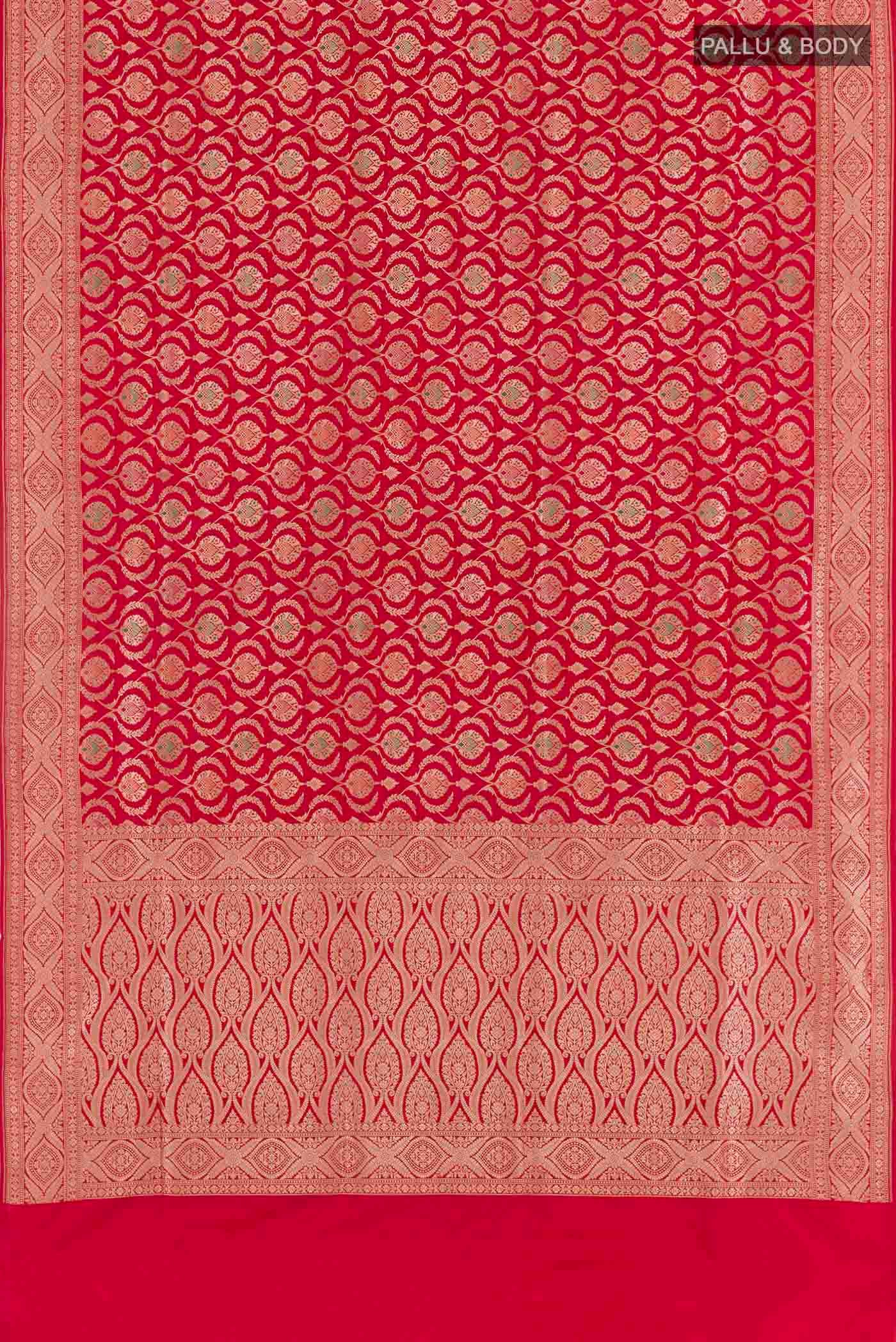 Flat view of Red Banarasi Silk Saree with Zari Butta on the body and Zari Border