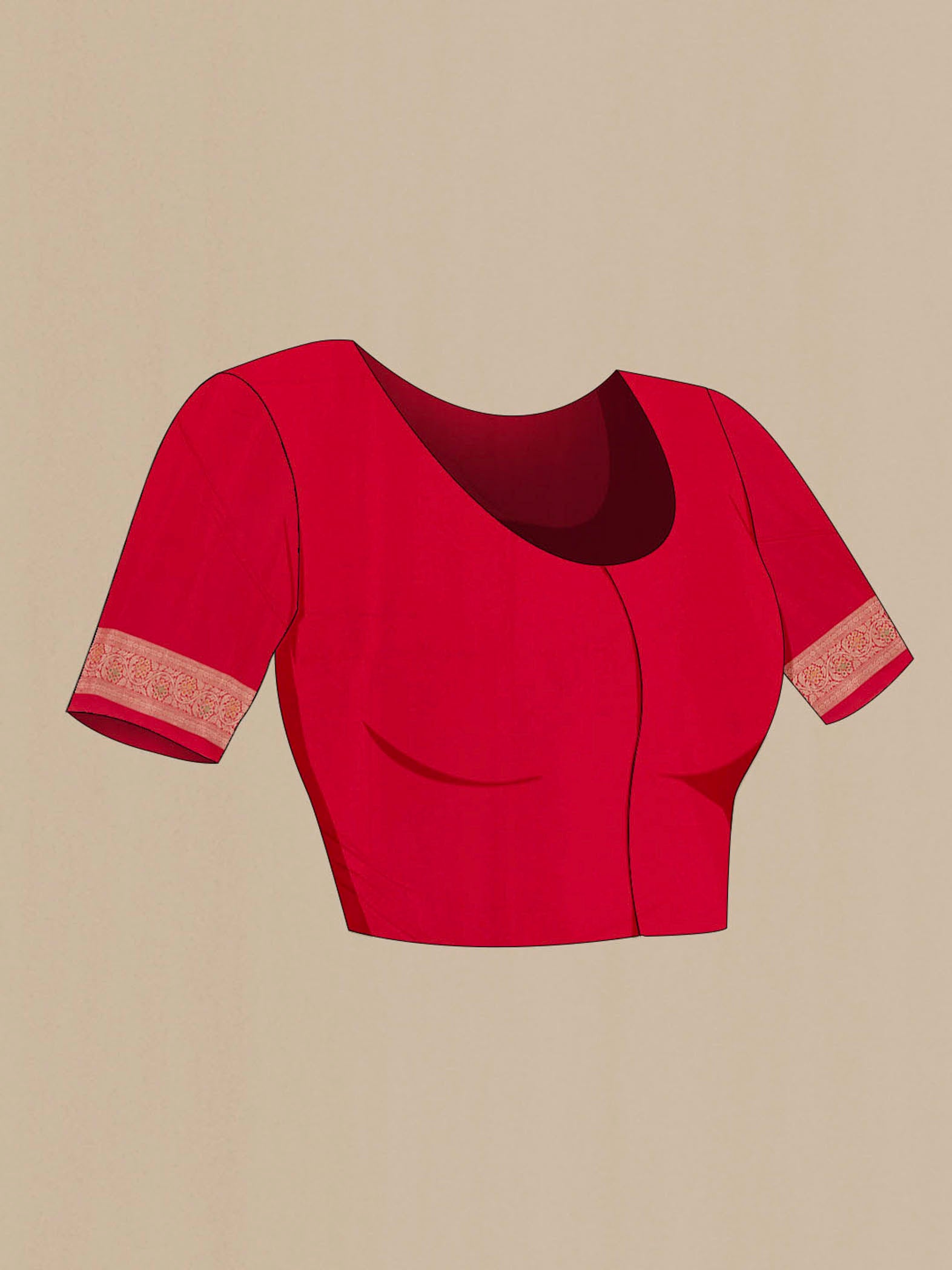 Close up image of the blouse of Red Banarasi Silk Saree with Zari Brocade on the body and Zari Border. 
