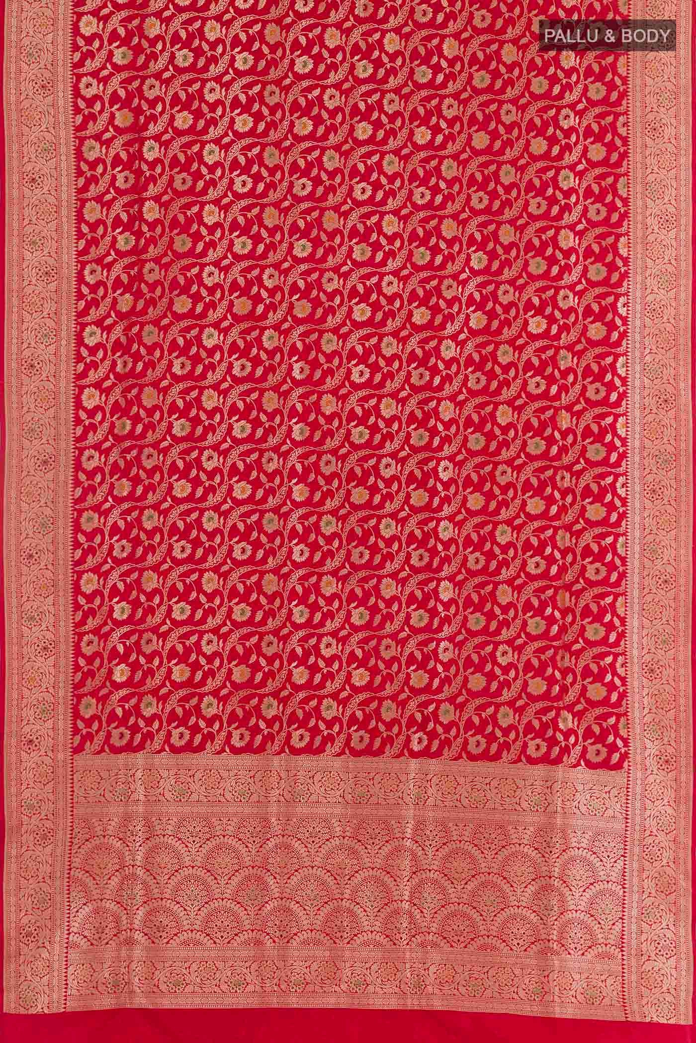 Flat view of Red Banarasi Silk Saree with Zari Brocade on the body and Zari Border. 