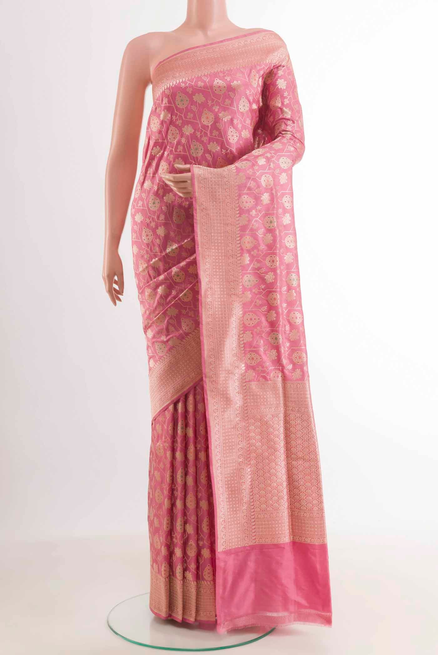 Pink Banarasi Silk Saree with Zari Brocade on the body and Zari Border.  displayed on a mannequin