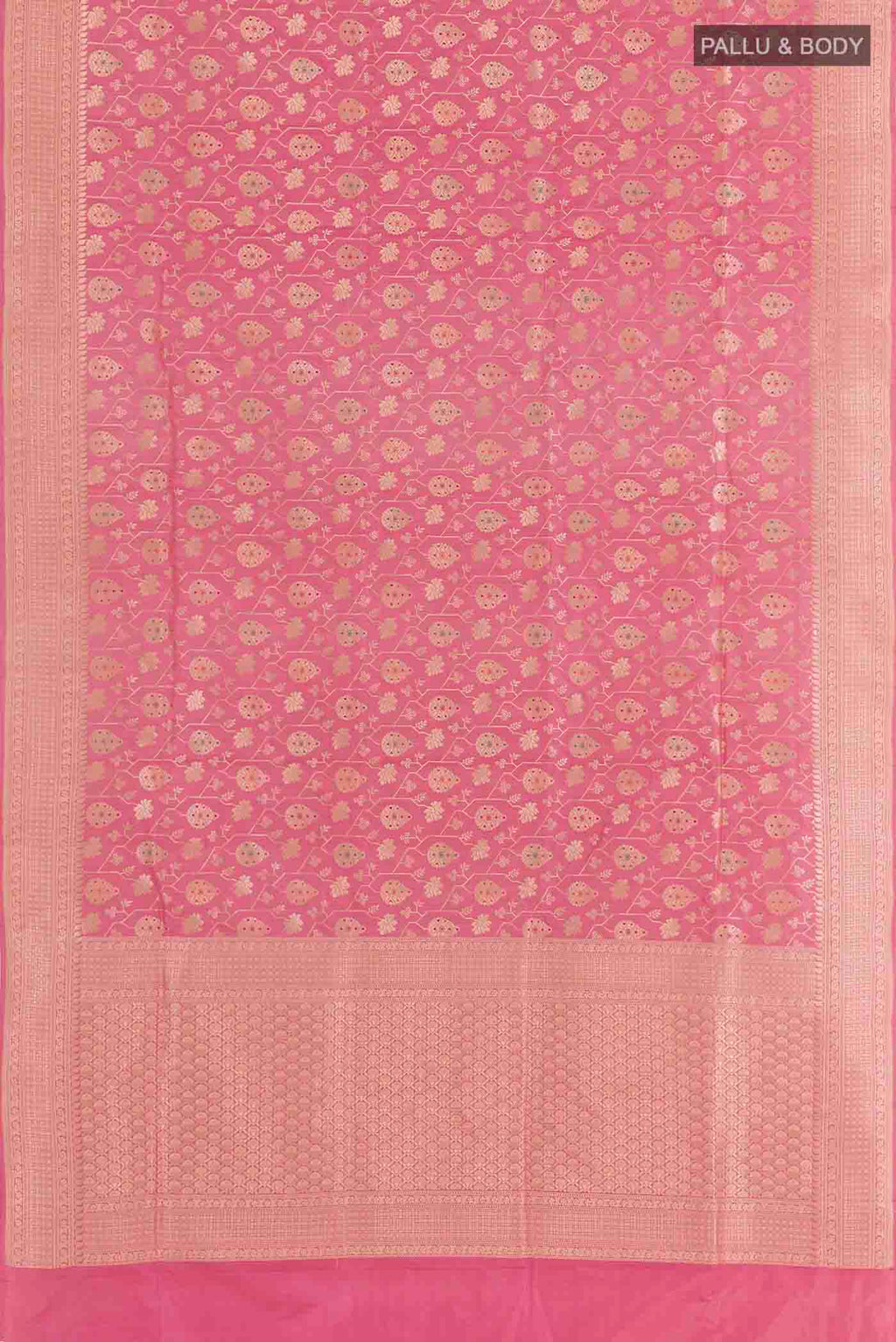 Flat view of Pink Banarasi Silk Saree with Zari Brocade on the body and Zari Border. 