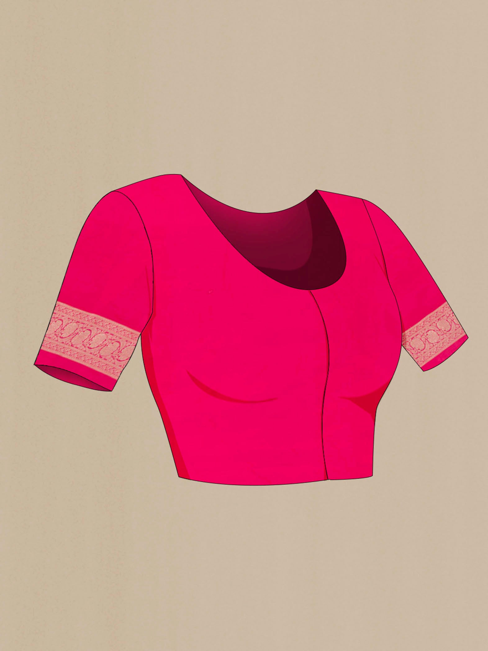 Close up image of the blouse of Pink Banarasi Silk Saree with Zari Butta on the body and Zari Border