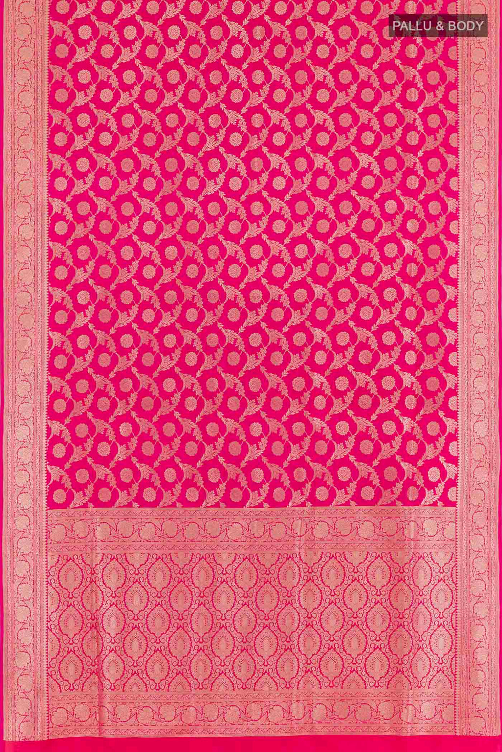 Flat view of Pink Banarasi Silk Saree with Zari Butta on the body and Zari Border