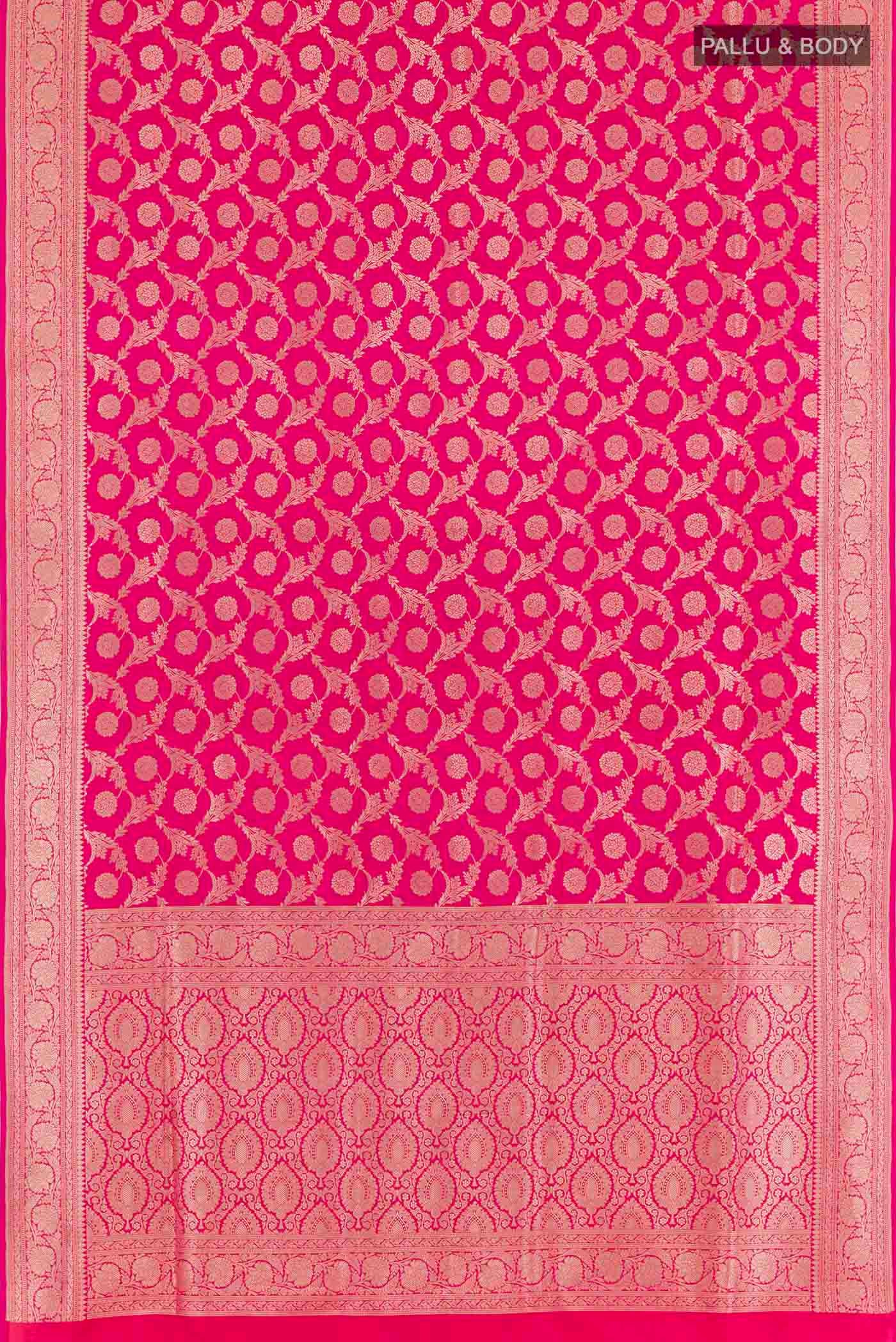 Flat view of Pink Banarasi Silk Saree with Zari Butta on the body and Zari Border