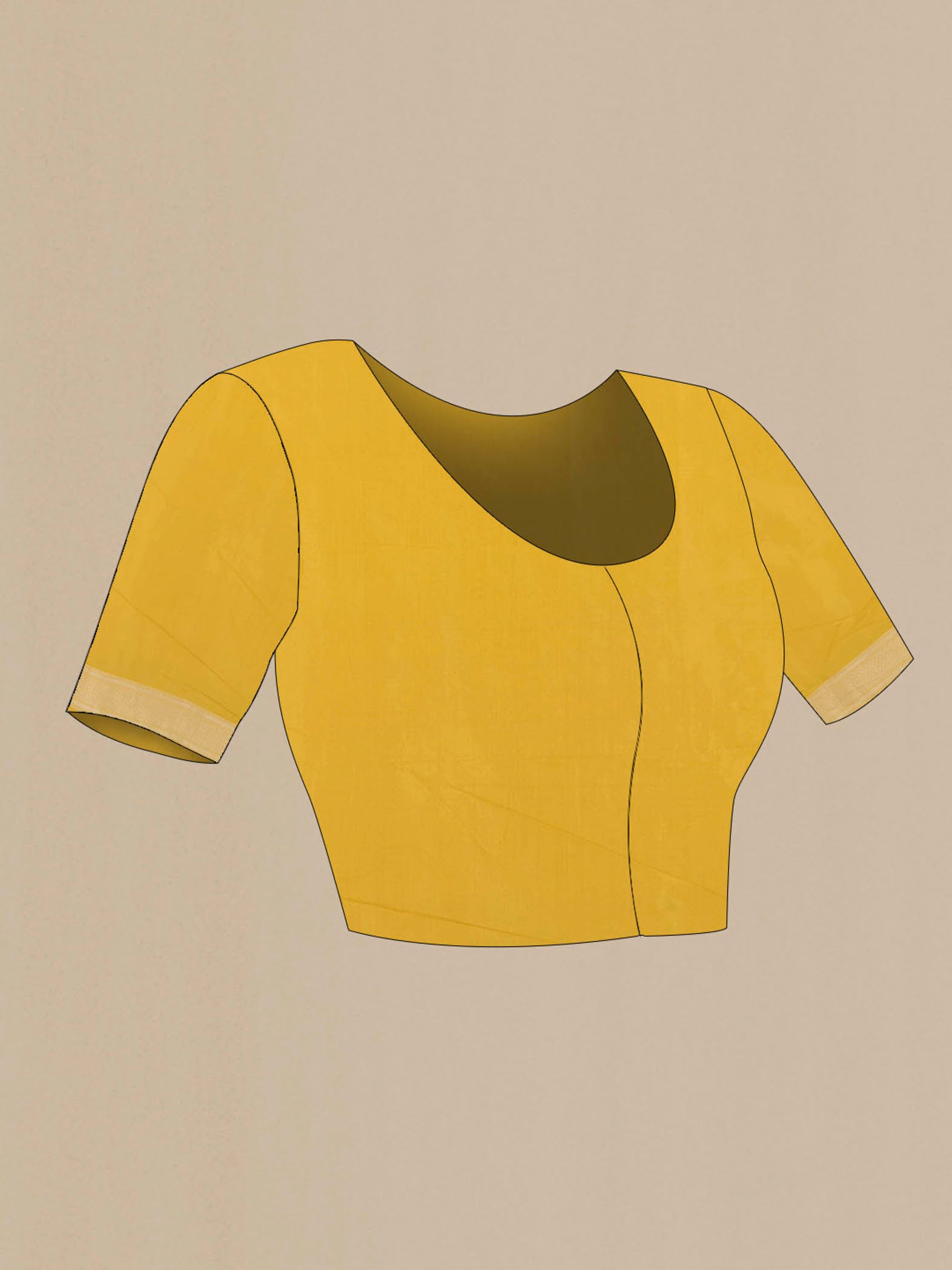 Close up image of the blouse of Yellow Banarasi Silk Saree with Zari Brocade on the body and Zari Border. 