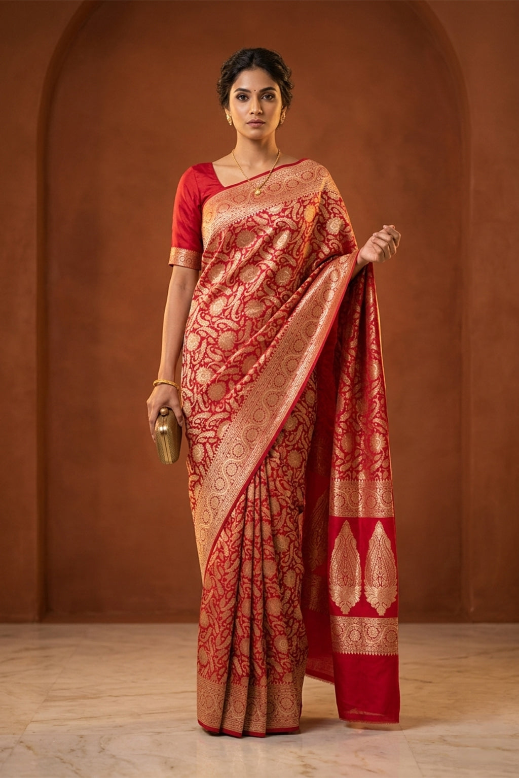 Model wearing a Red Dual Tone Banarasi Silk Saree with Zari Brocade on the body and Zari Border.